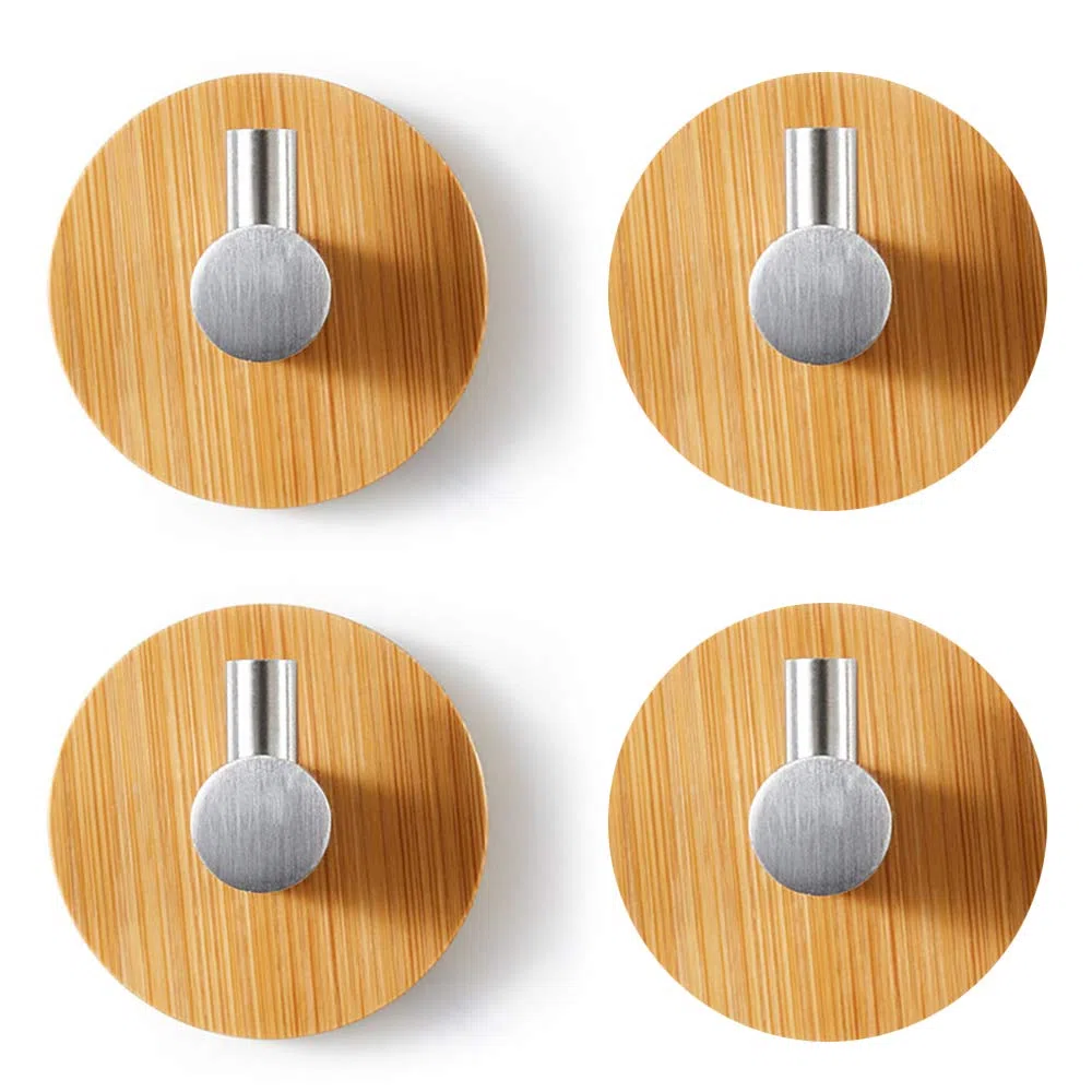 Ganchos de bambú autoadhesivos, 4 piezas de acero inoxidable y bambú para toallas, ganchos de pared de bambú, ganchos de bambú para abrigos, baño, cocina, oficina, gancho para toallas