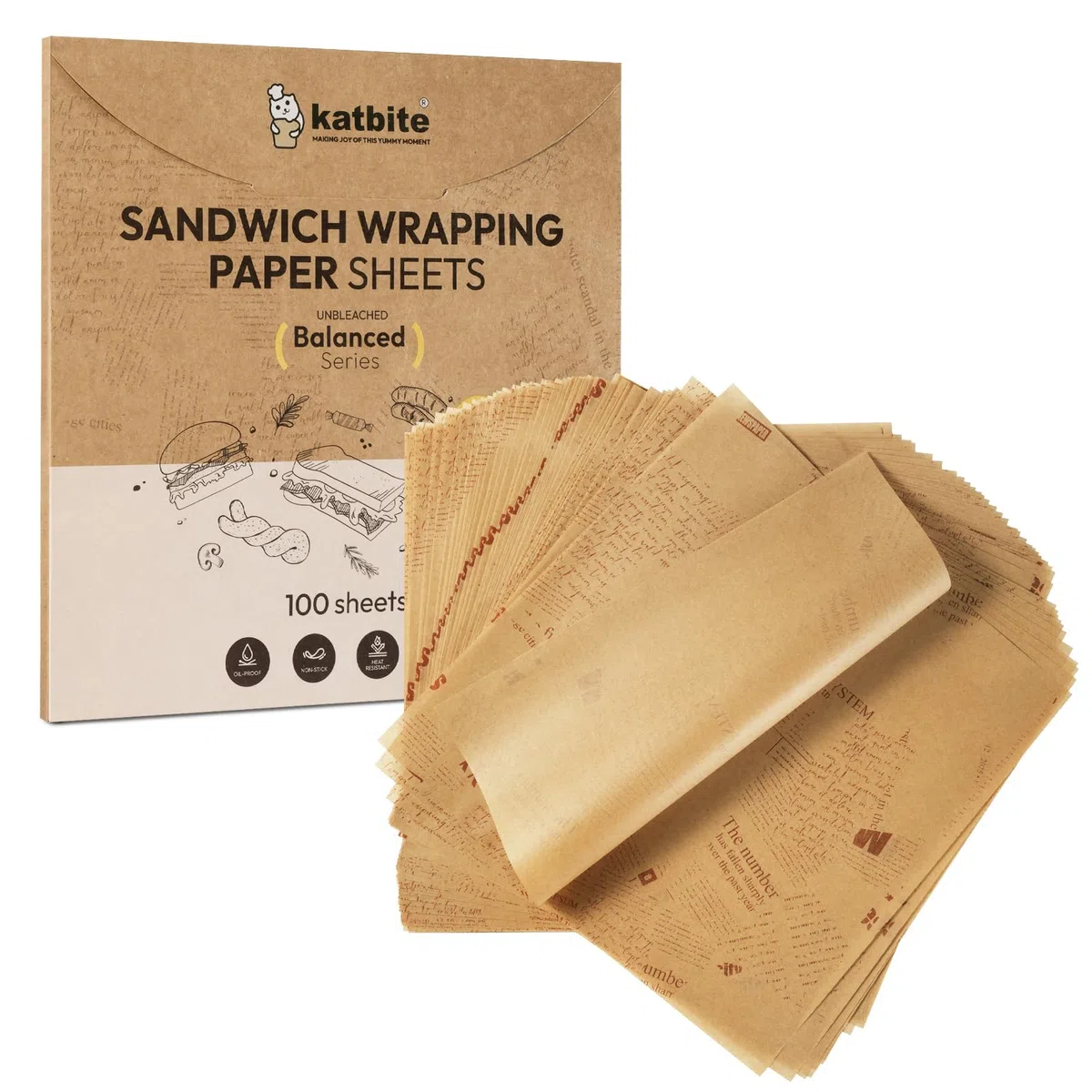 Katbite 100 papeles de envoltura de alimentos de 12 pulgadas, papel de cocina resistente con nuevo patrón, papel de pergamino a prueba de grasa y antiadherente, papel de pergamino precortado sin