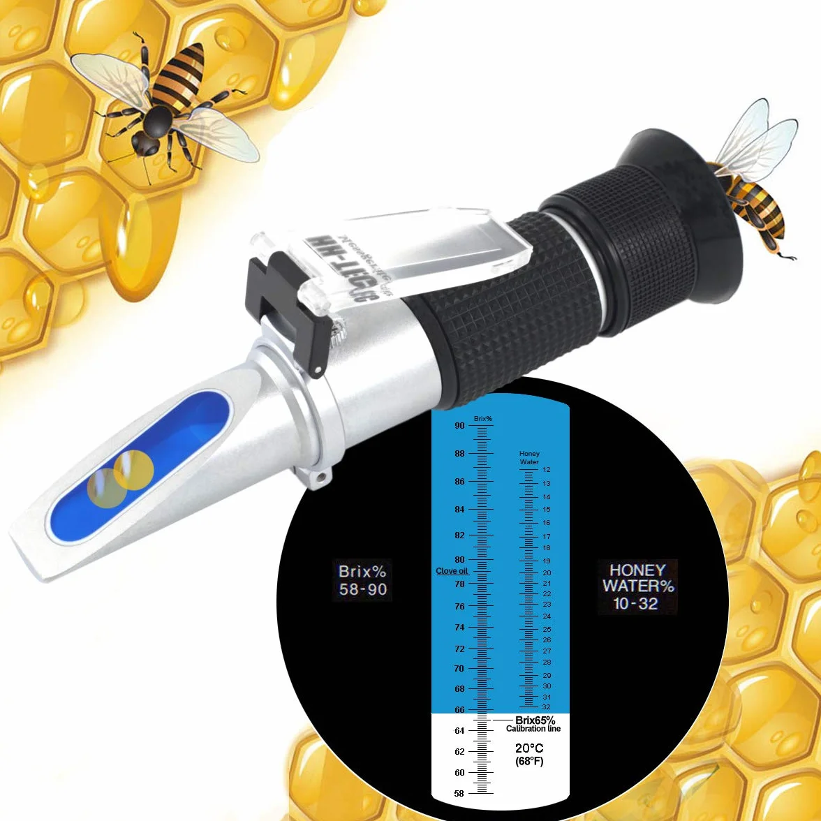 HHTEC Refractómetro Miel 58–90% Brix – 10–32% Agua – Control Humedad Miel – Evita Fermentación – ATC – Apicultura Profesional