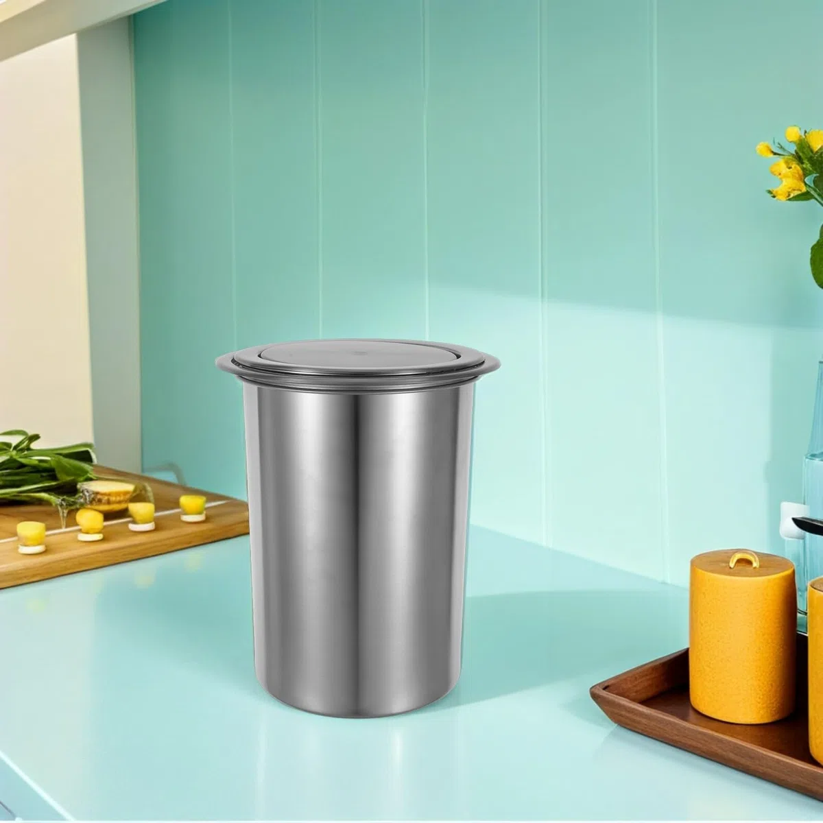 DOITOOL Cubo de Basura de Cocina Empotrado con Tapa Abatible, Acero Inoxidable 304, Juego de 3 Piezas para Encimera, Bote de Basura Compacto para Hogar, Restaurante y Hotel