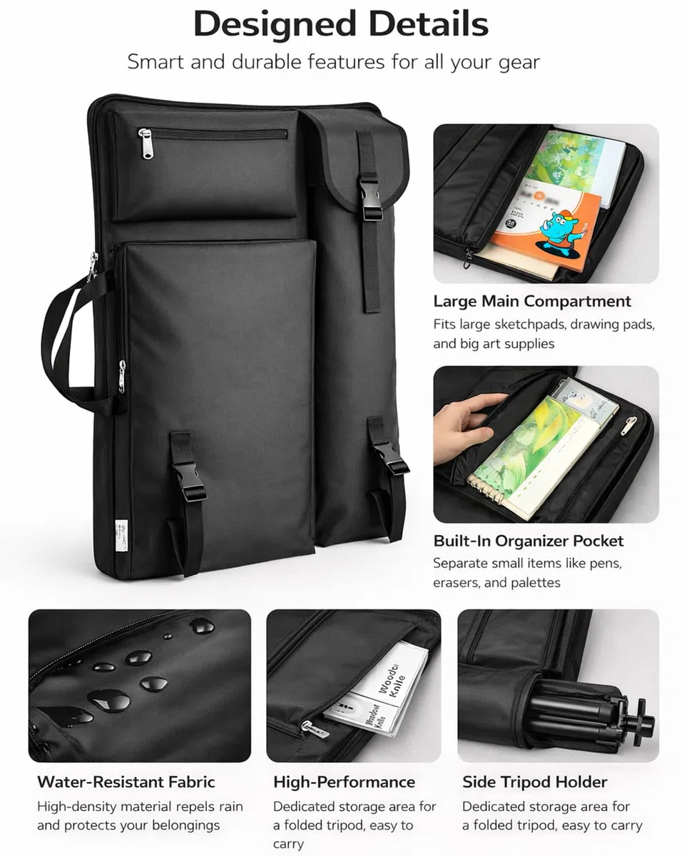 YMTECH Mochila Resistente al Agua de Gran Capacidad para Artistas – Bolsa organizadora de Arte con Compartimentos para Dibujo, lienzos y Materiales Escolares
