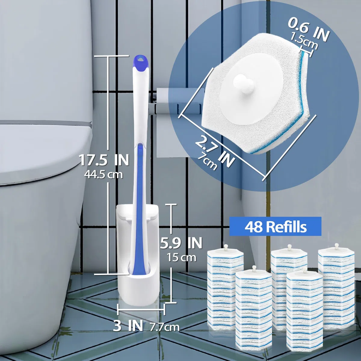 JEHONN Escobilla Baño Desechable WC, Cepillo para Inodoro con 48 Rellenos de Detergente, Toilet Brush Mango Largo Montado En La Pared, Adecuado para Piscina Fregona Lavabo (Azul)