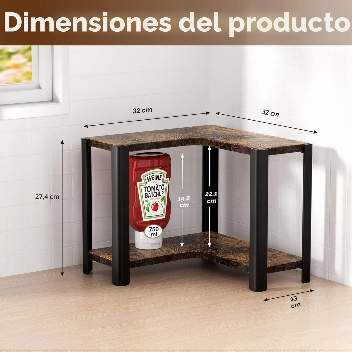 niffgaff Estantería esquinera de 2 niveles para especias – Organizador de encimera en madera y metal, pequeño estante para cocina y rincón de café, acabado marrón vintage