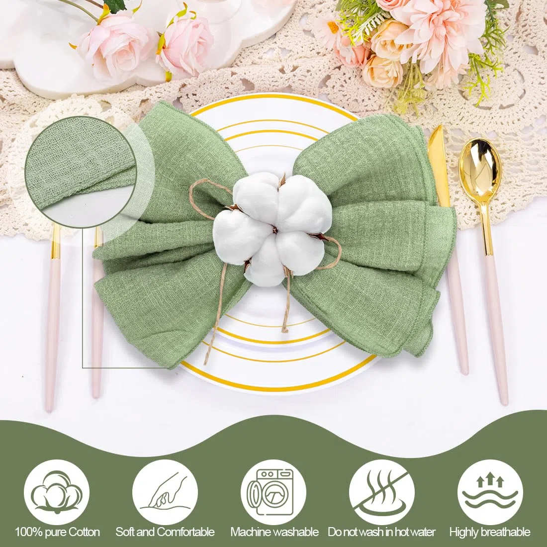 RANJIMA Servilletas de Tela, 42x42cm 100% Algodón Servilletas de Tela Rústicas Grandes para Navidad Cumpleaños Bodas Bautismo Decoración de Mesa Paquete de 12Pcs,Verde Salvia