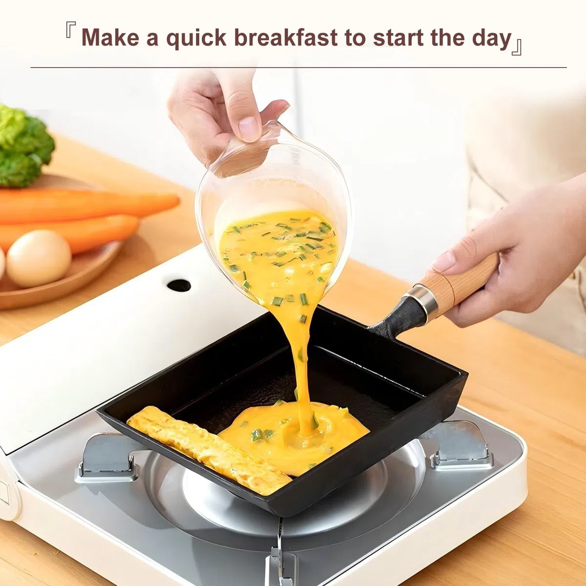 Tissting 15.5CM Sartén Plana para Desayuno, Sartén de Hierro Fundido con Mango de Madera, Sartén Rectangular para Tortilla Japonesa Tamagoyaki, Para Cocina de Inducción de Gas Universal