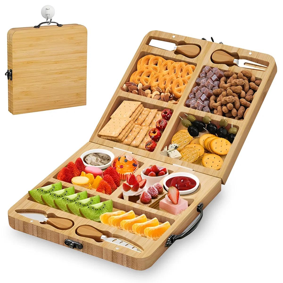 Juego De Tabla De Queso De Bambú Plegable con 4 Cuchillos Y 6 Tenedores - Set De Regalo Extensible De Madera para Embutidos Y Queso | Bandeja De Servicio para Tapas Y Fruta