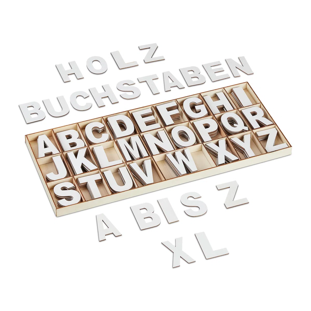 Relaxdays Set de Letras de Madera, 208 Uds., Mayúsculas A-Z, Hacer Manualidades, Alfabeto Decorativo, con Caja, Blanco