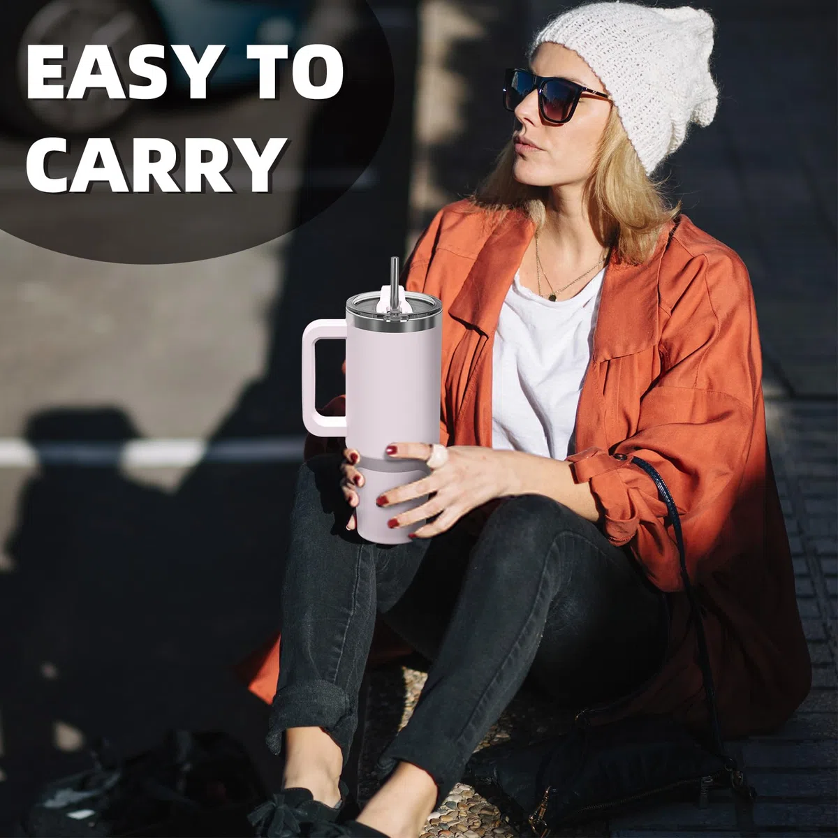 WATERSY 1182 ml Termo con Asa, Grande Vaso Termico Acero Inoxidable, 40oz Rose Quartz Taza de Café con Pajita, Termo de Agua para Frío y Caliente, Travel Mug Doble Pared, para Gimnasio, Viaje