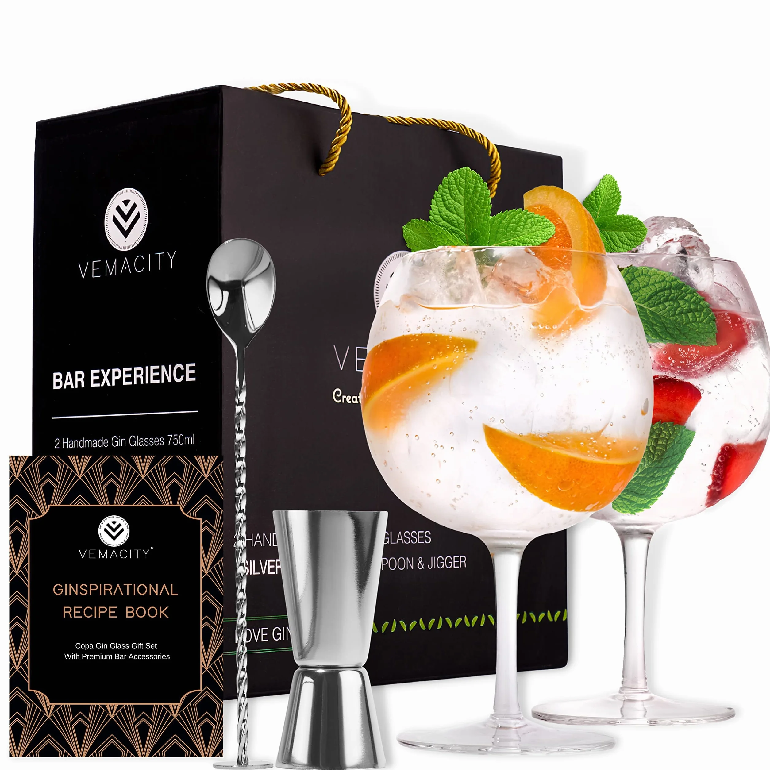 Vemacity Gin Tonic Glass for Gin Lovers - Juego de 2 vasos G&T hechos a mano. Cuchara de cóctel Plata, taza medidora de doble cara y copas de cóctel altas | E-Book Recetas Gratis (INGLÉS)