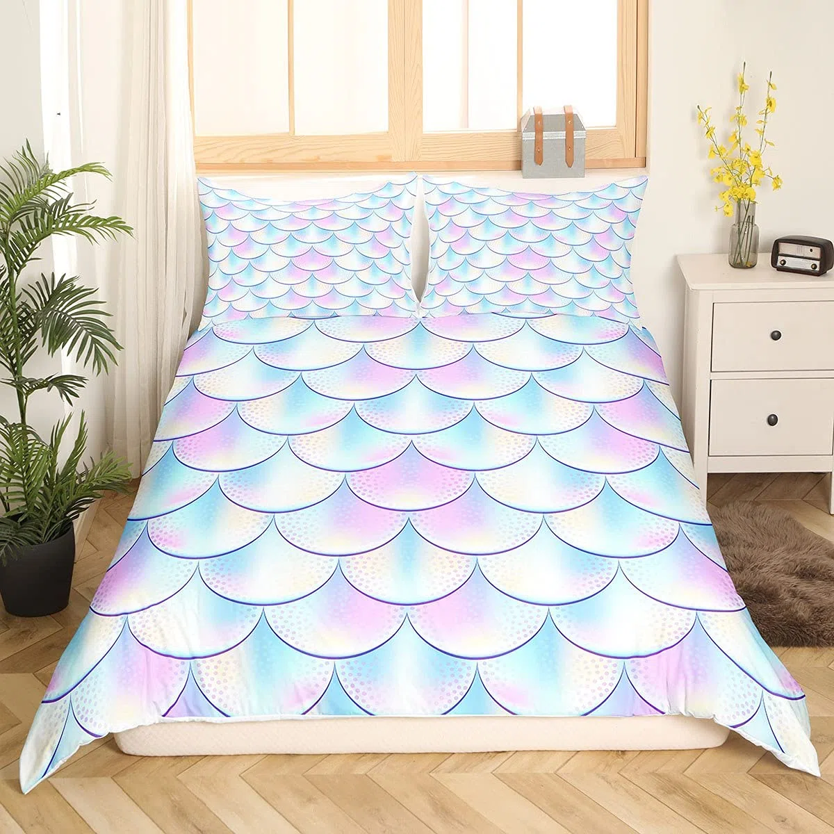 Juego de Funda de edredón con Escamas de pez de Sirena Coloridas Escalas de pez,Juego de Ropa de Cama,Funda de edredón 3D,Funda de edredón Morada Vibrante,Super King