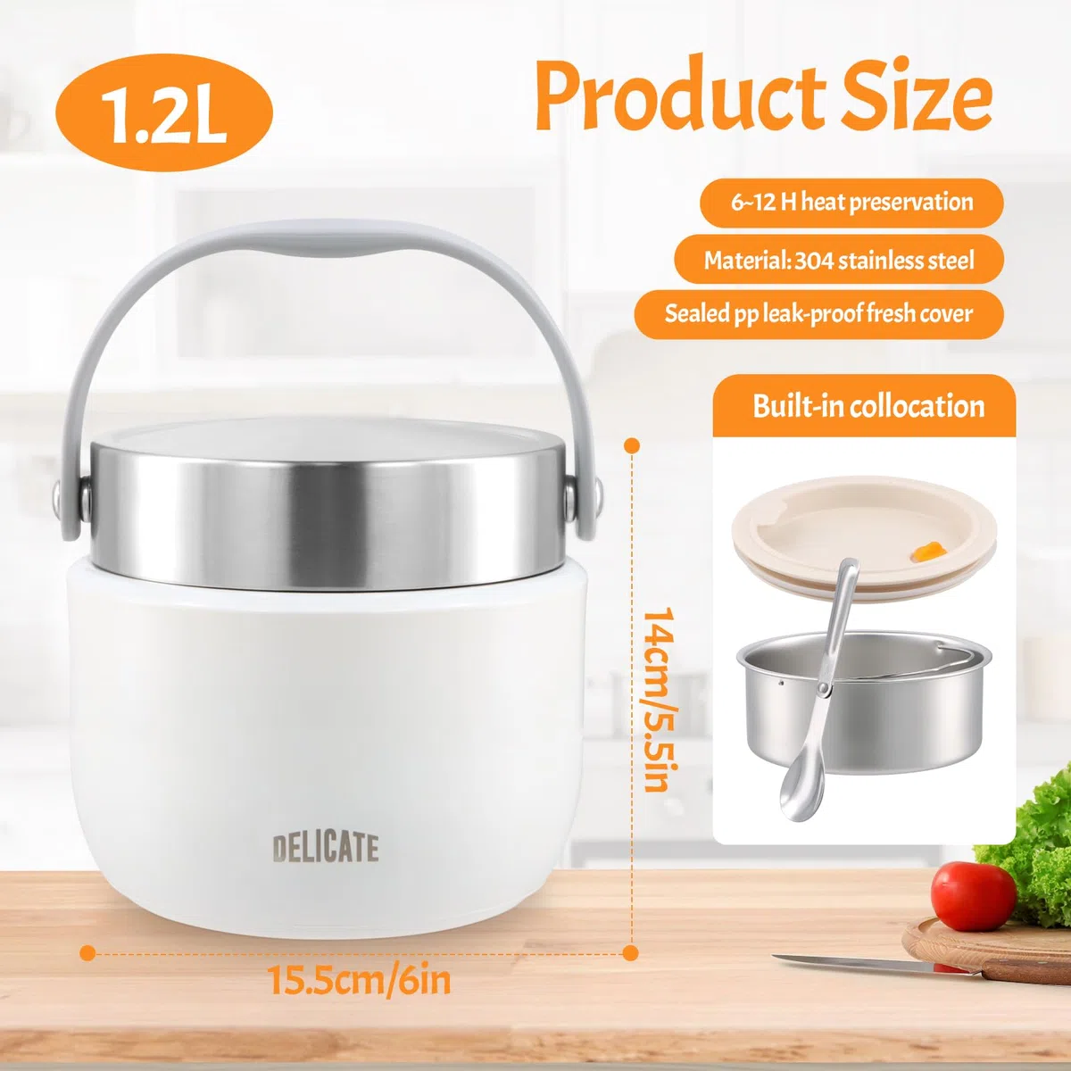 volumoon Recipiente Térmico para Comida 1200ml, Acero Inoxidable con Cuchara Plegable, Fiambrera Térmica con Compartimento y Tapa Hermética, Ideal para Sopa, Papilla, Oficina, Escuela, Viajes (Verde)