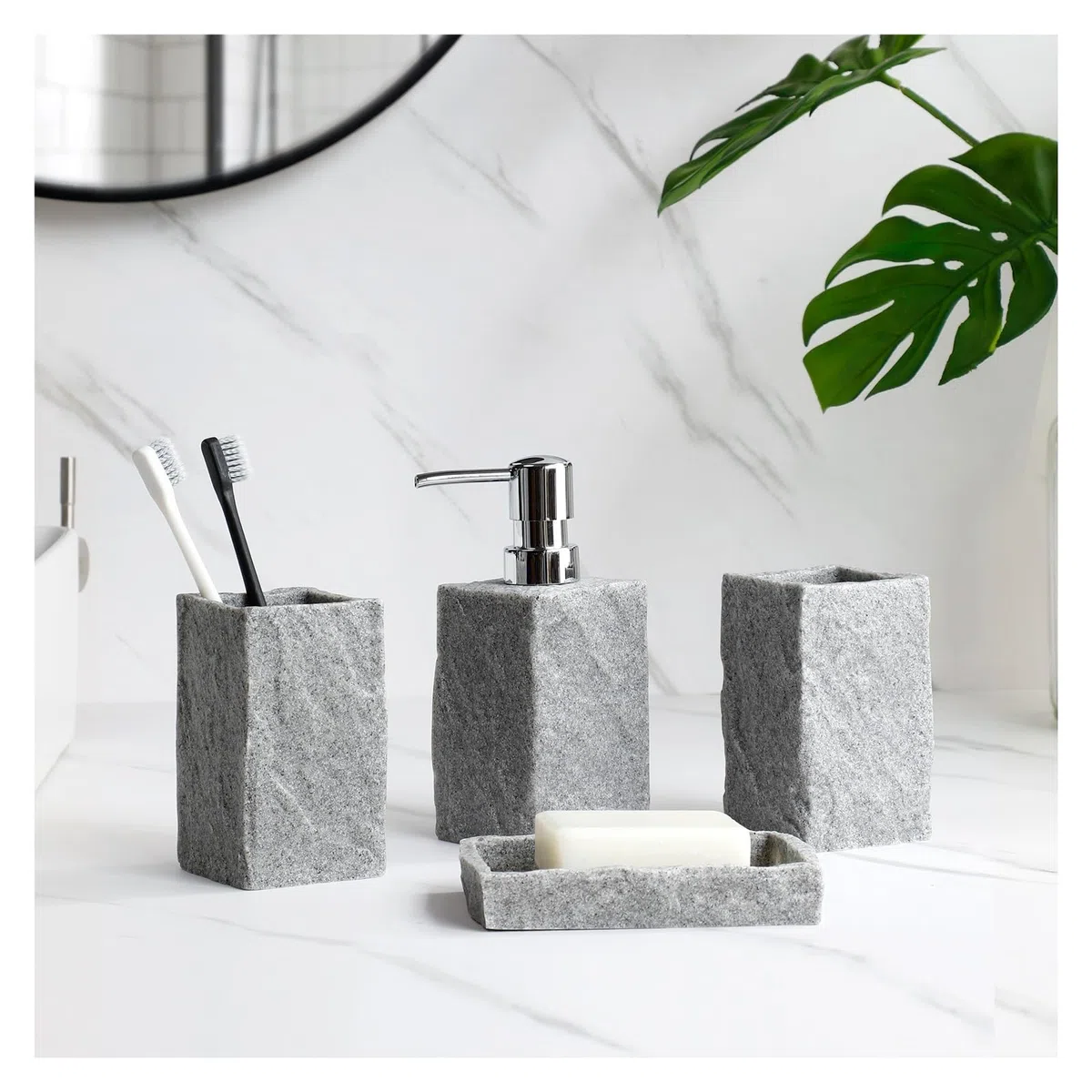 Set Dispensador Jabon Baño Juego de 4 Accesorios de baño, dispensador de jabón líquido, Soporte for Cepillo de Dientes, Vaso for Enjuague bucal, jabonera, Apariencia de Granito de imitación