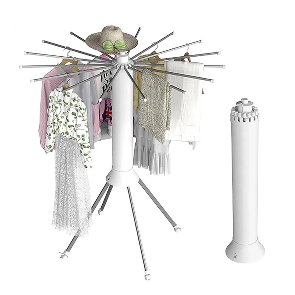Octopus - Estante de secado de ropa, cilindro plegable con rueda, 16 varillas de secado expandibles, estante de secado portátil para el hogar y campamento (blanco)