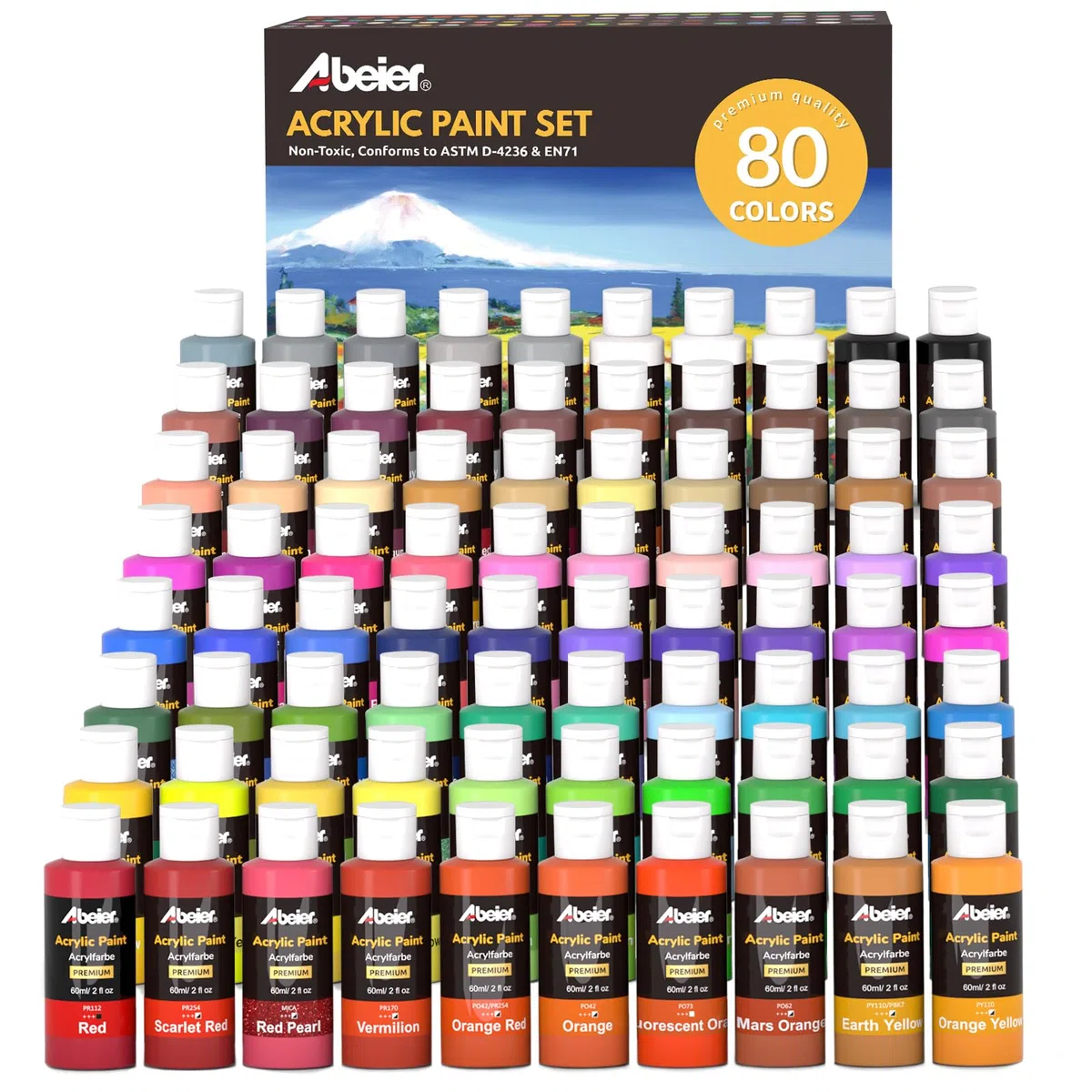 ABEIER Juego de pintura acrílica profesional de 80 colores, botellas de 60 ml, pigmentos ricos, no tóxicas, impermeables para principiantes, artistas y estudiantes en madera, rocas, lienzo