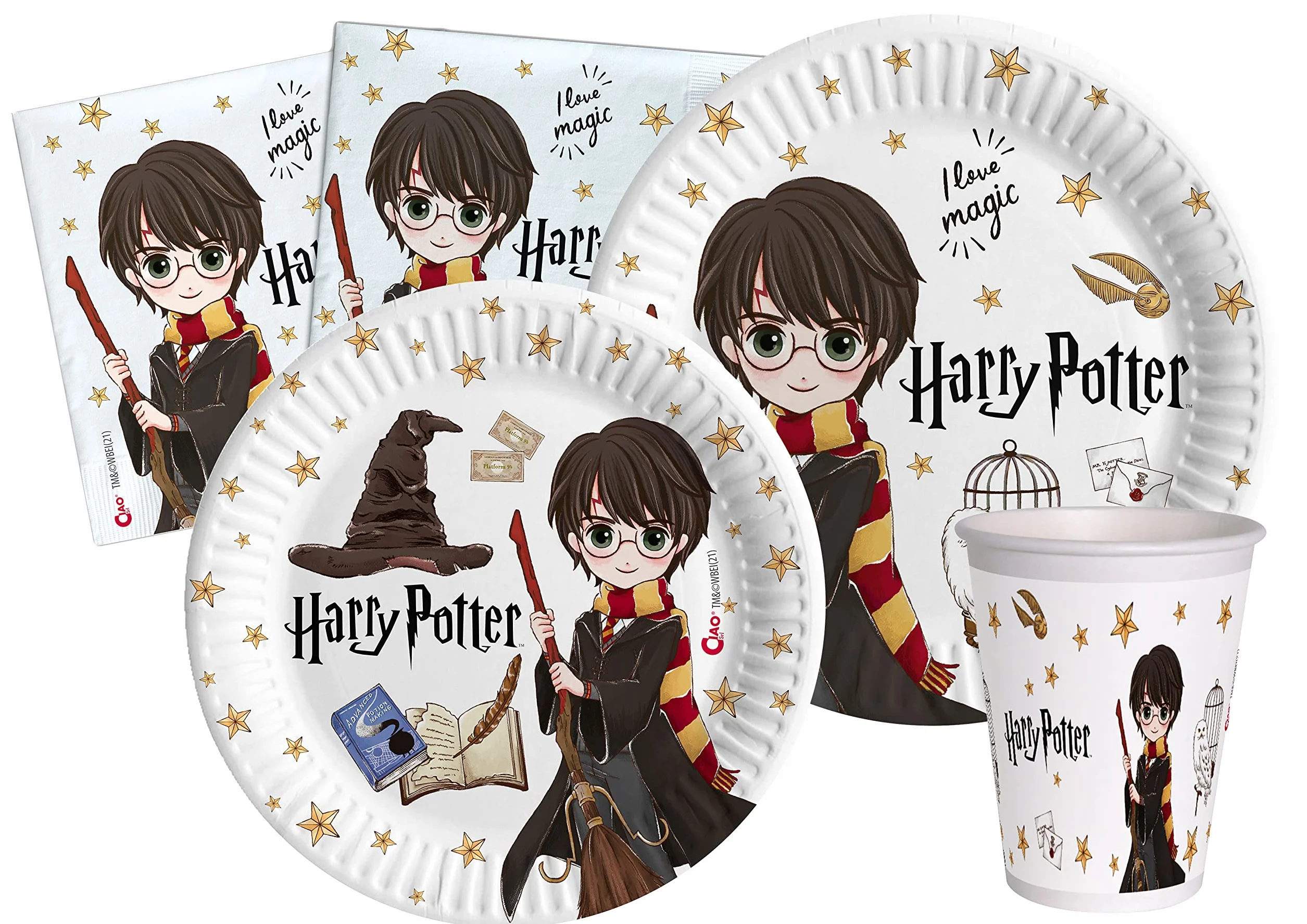 Kit Vajilla de Fiesta Harry Potter para 24 personas (112 pcs: 24 platos Ø23cm, 24 platos Ø18cm, 24 vasos 250ml, 40 servilletas 33x33cm) de papel compostable eco-friendly