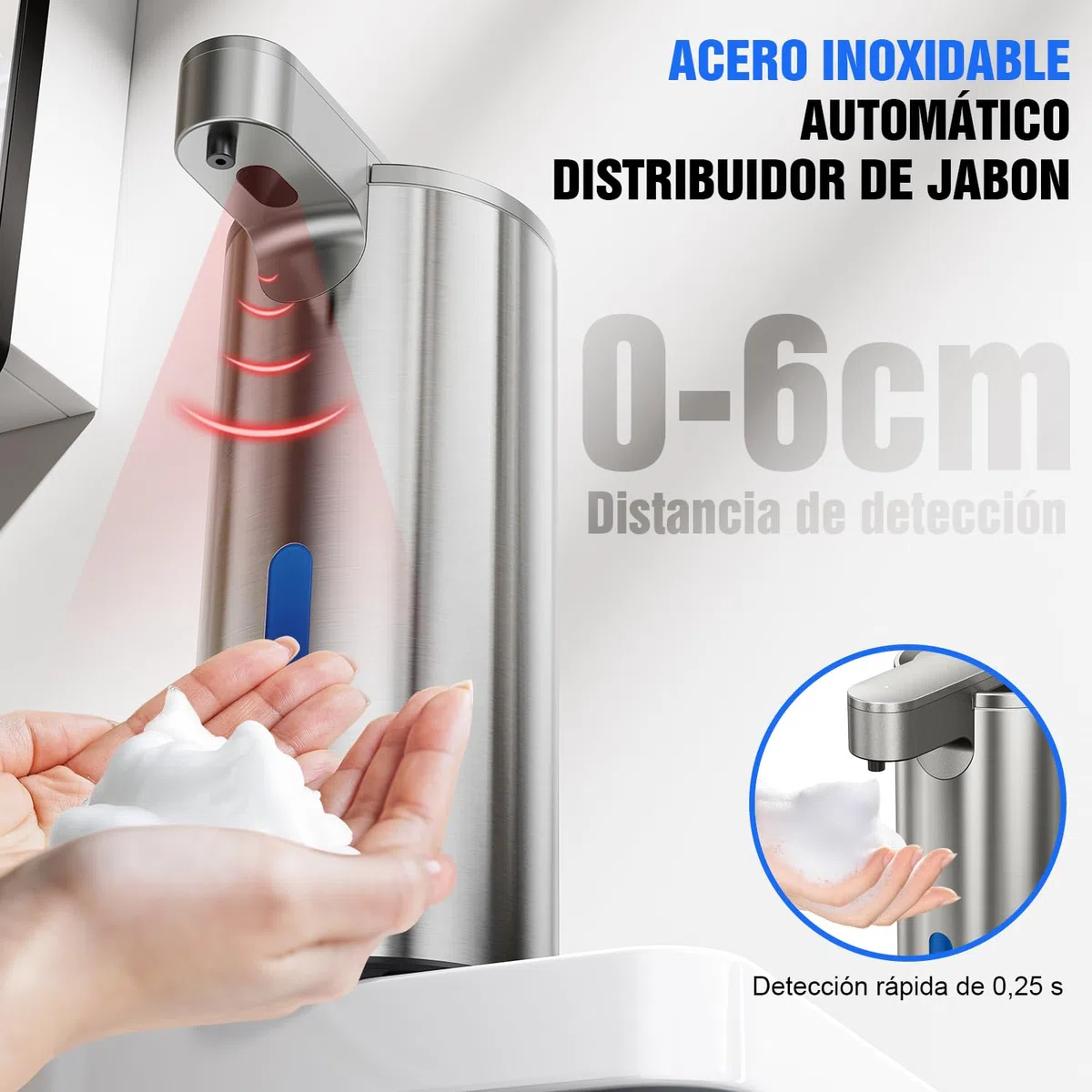Fantictas Dispensador de jabón automático sin contacto, acero inoxidable, 11,5 oz, 3 niveles ajustable, dispensador de jabón de manos con bomba de sensor recargable para cocina y baño jabón de espuma