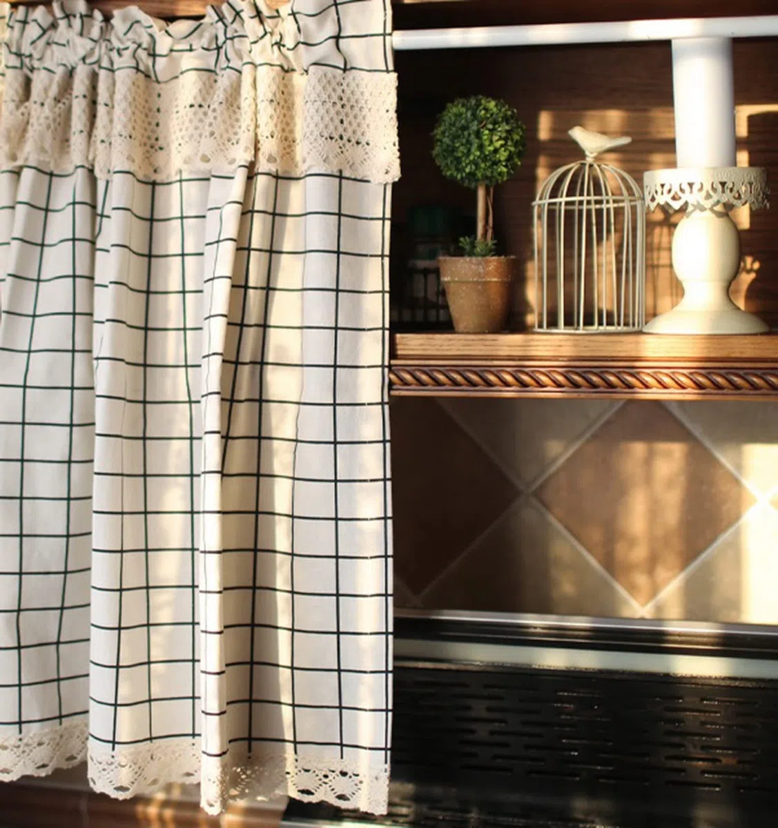 A.Monamour Cortina Cocina Ventana Puerta Corta Pequeña Farmhouse Algodón Lino Encaje Negro Blanco A Cuadros Buffalo Opaco Bolsillo para Varilla Panel Cenefa Rustica Bistro para Dormitorio Café Baño