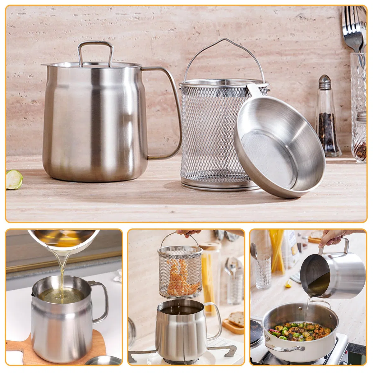 Recipiente para grasa de tocino, 2 L, mini olla de acero inoxidable con colador, filtro de aceite, recipiente para grasa de tocino, herramienta de cocina para almacenar aceite de fritura y grasa de