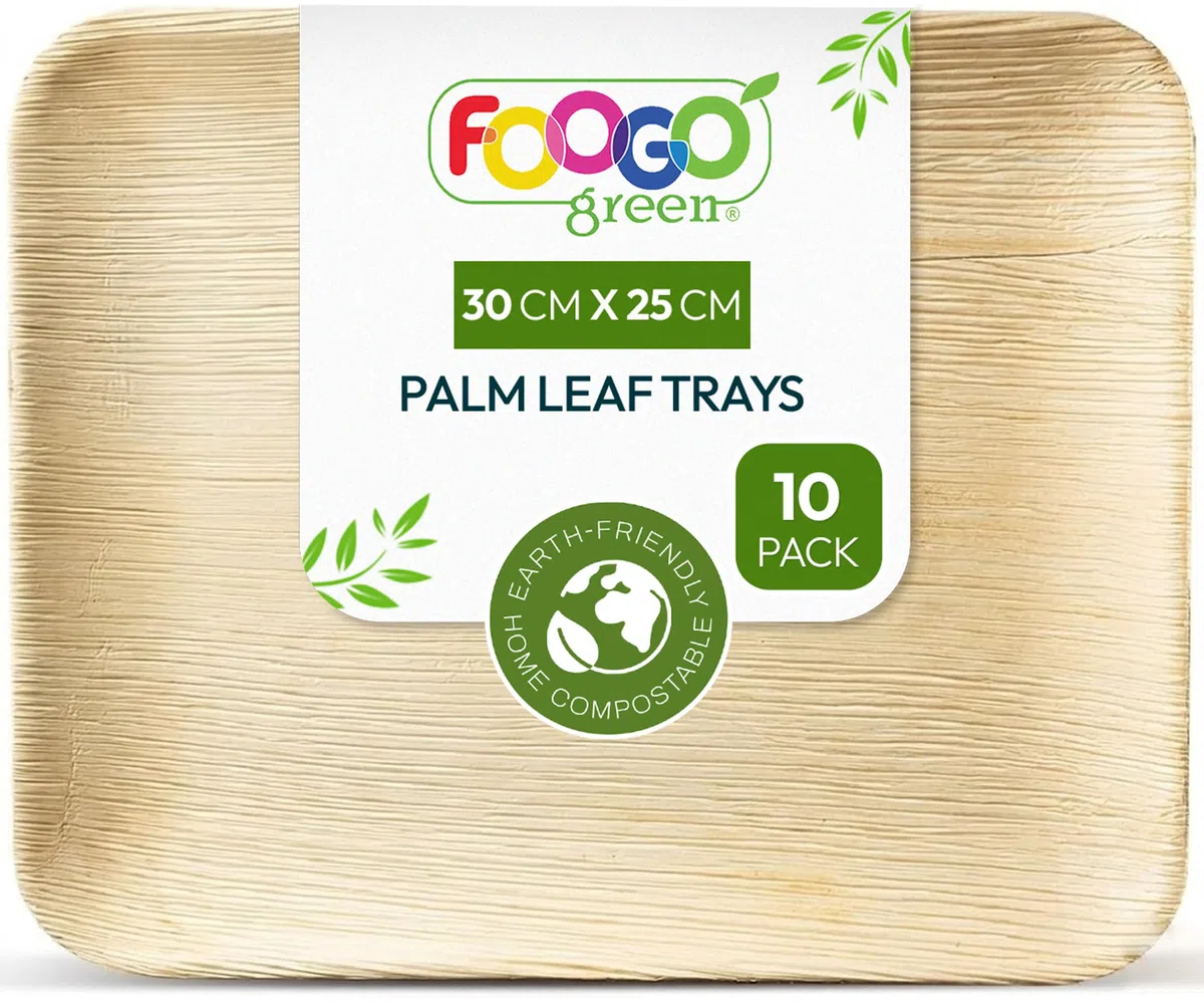 FOOGO Green 10 Bandejas Desechables de Hoja de Palma, Grandes 30x25 cm, Pizza, Entrantes, Canapés, Charcutería, Resistentes Como las Bandejas de Madera para Comida Caliente y Aperitivos
