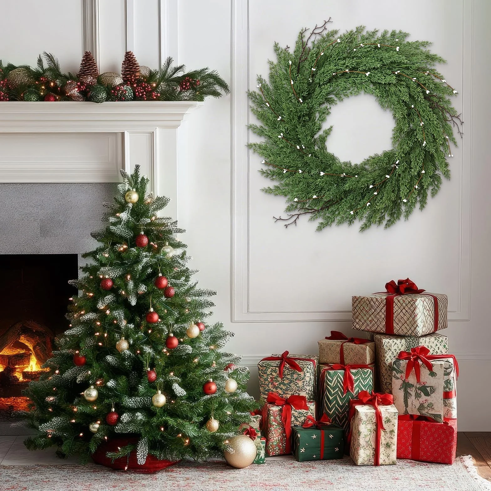 Weldomcor Corona de Navidad para Puerta 56 cm Grande Corona Navidad Puerta Verde Guirnalda Navidad Pino Norfolk Pine Corona de Adviento Adornos Navidad para Balcón Paredes Ventanas