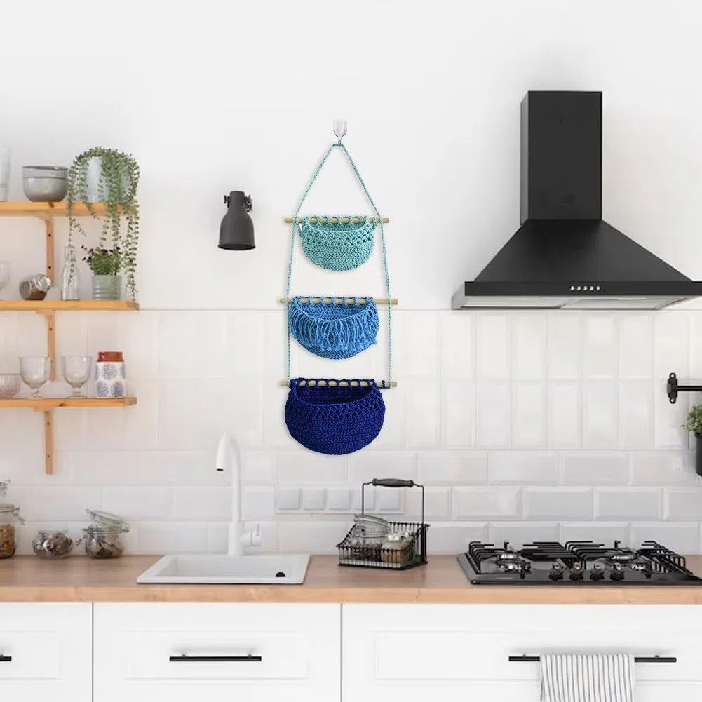 Cestas De Almacenamiento Colgantes Decoración De Pared Multiusos 3 Niveles Cuerda De Algodón Bolsa Colgante De Almacenamiento Tejida a Mano Cestas De Frutas Colgantes Para Hogar Cocina Restaurante