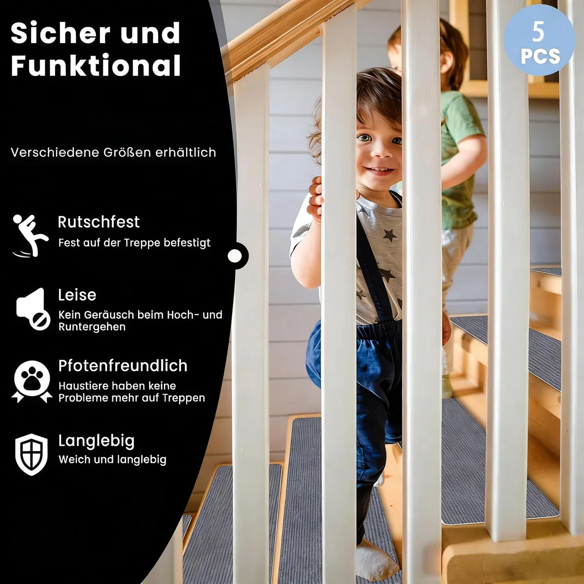 Alfombrillas antideslizantes para escaleras, 26 x 62 cm, TPE, reutilizables y cortables, juego de 5 unidades, perfectas para niños y seguridad en el hogar, cubiertas de escaleras interiores