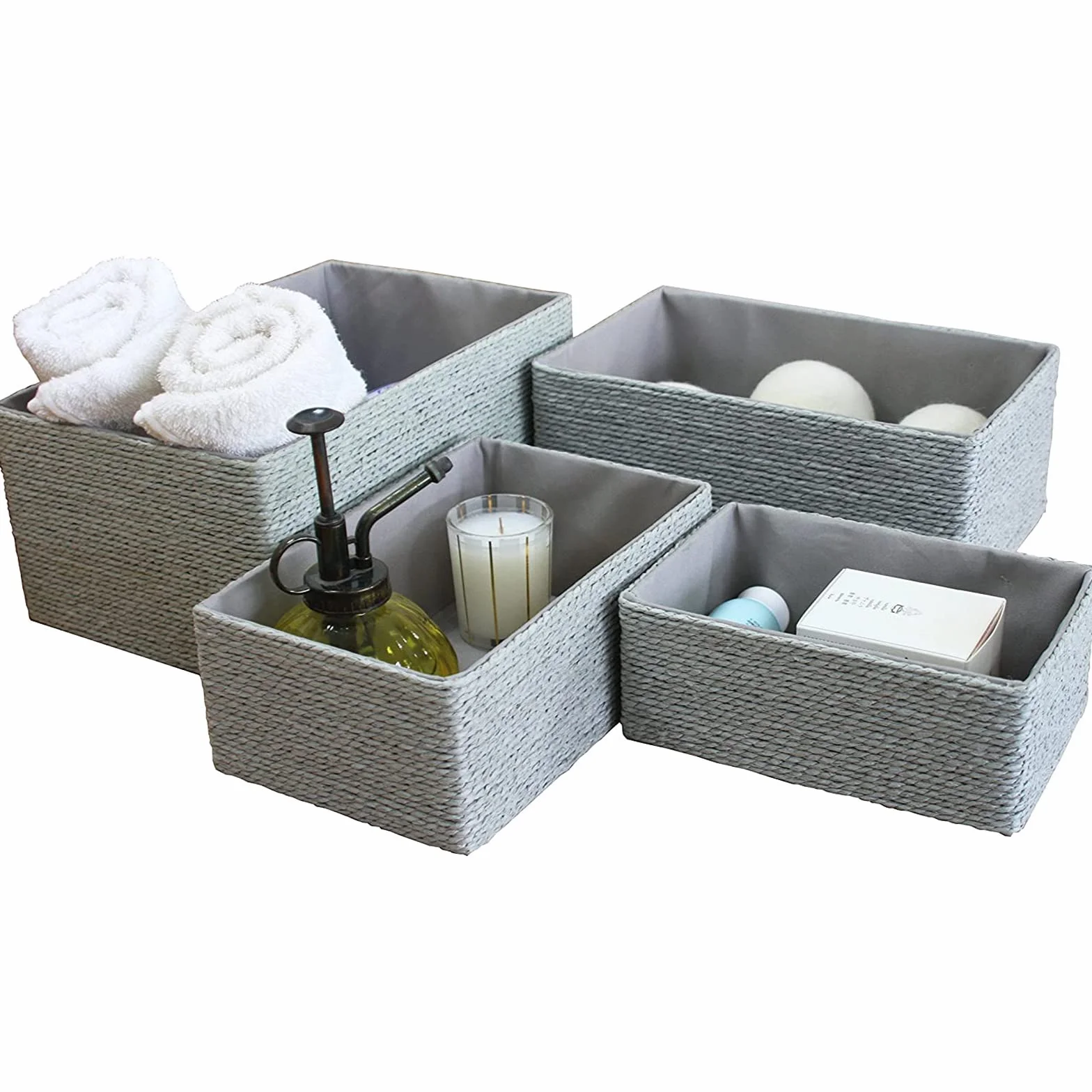 La Jolíe Muse Cestas Almacenaje Juego 4 Cajas de Almacenaje Decorativa Cestas Organizadoras Maquillaje Plegable Para Ropa Juguetes Armario Estantería Caja de la Cuerda de Papel Gris