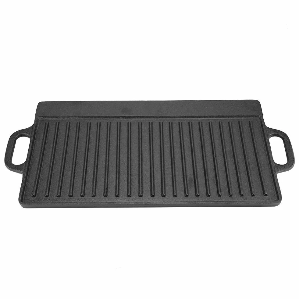 Plancha Hierro Fundido Antiadherente Doble Cara Reversible Dos Asas, para Barbacoa Parrilla Gas Carbón, Uso Horno Fuego Abierto 50.5x23.5x1.4cm