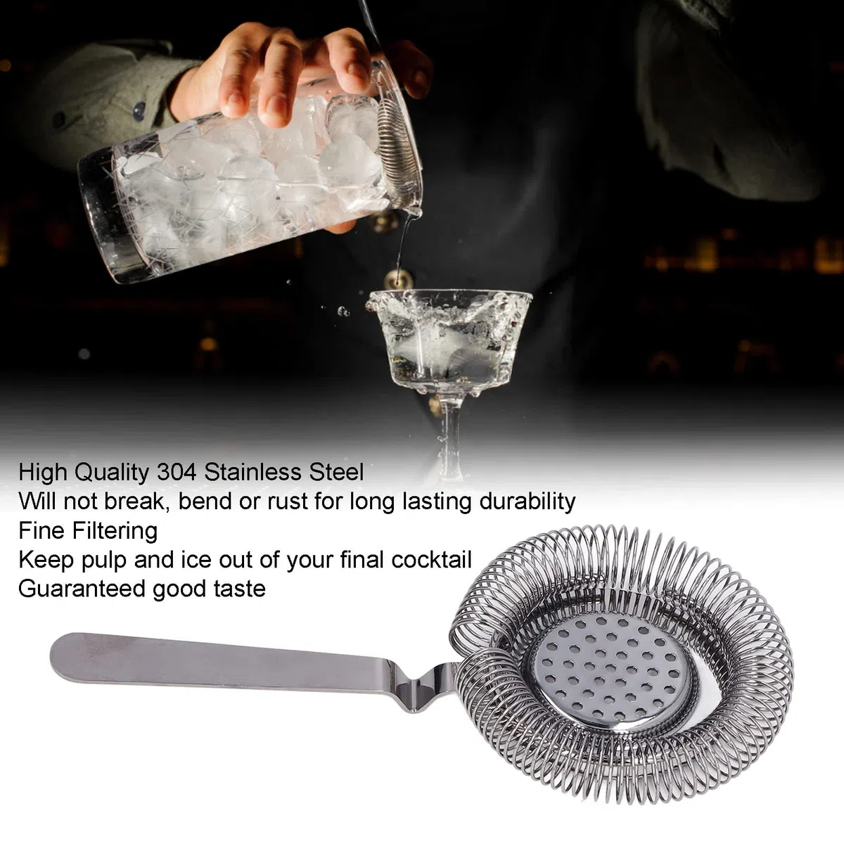 Colador de cóctel Colador de barra multifuncional Filtrado fino Cuchara de acero inoxidable profesional Bar Herramientas de vino para Bartending Restaurante Fiesta(01)