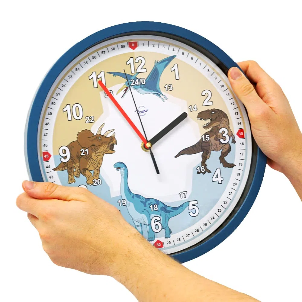 Bruni Reloj de pared infantil con diseño de dinosaurios, para niños y niñas, sin ruido de tictac, silencioso