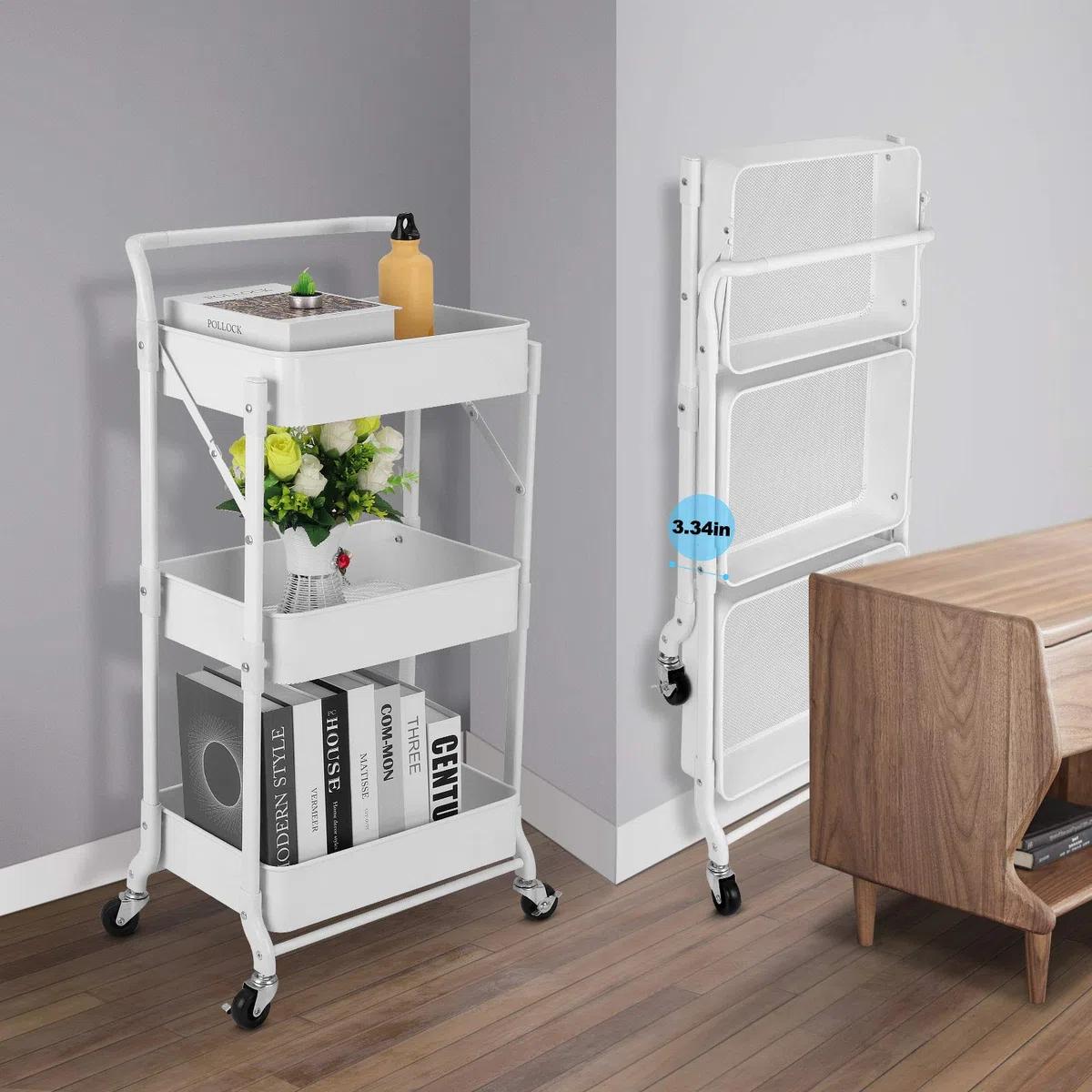 johgee Carrito Plegable de Metal de 3 Niveles, Plegable, multifunción, Organizador para el hogar, Biblioteca, Oficina (Plegable, Blanco)