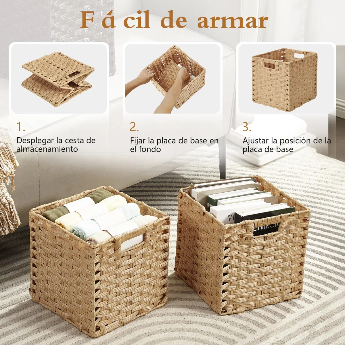 Sagittar Cesta plegable trenzada de imitación de ratán, 31 x 31 x 31 cm, cesta de almacenamiento para despensa, armario, cesta de estantería, cubos, impermeable, no se mohosa, 2 unidades, color