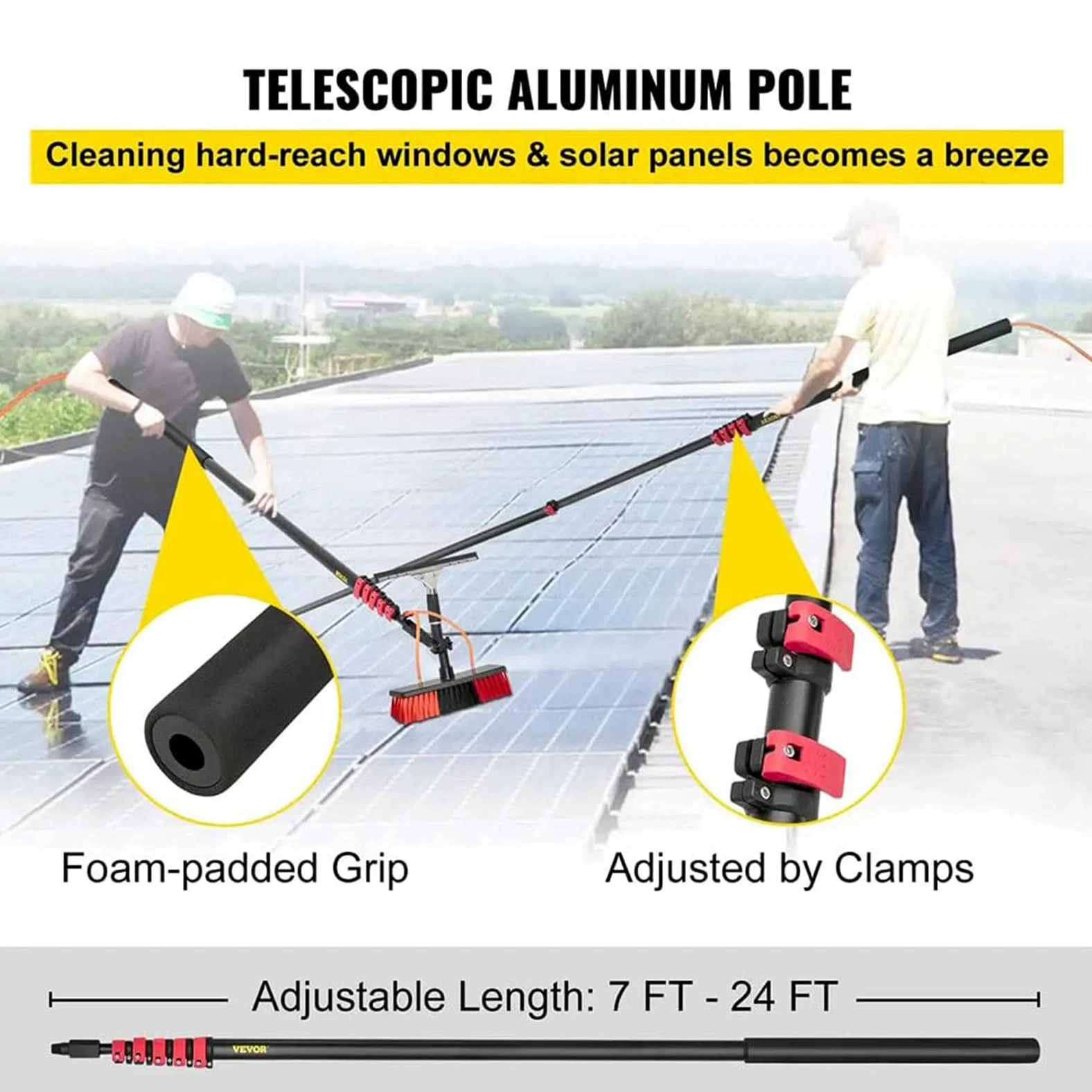Cepillo de limpieza de paneles solares ajustable, limpiador de ventanas extensible con raspador y aerosol, panel solar para exteriores y kit de limpieza de ventanas para un máximo brillo.