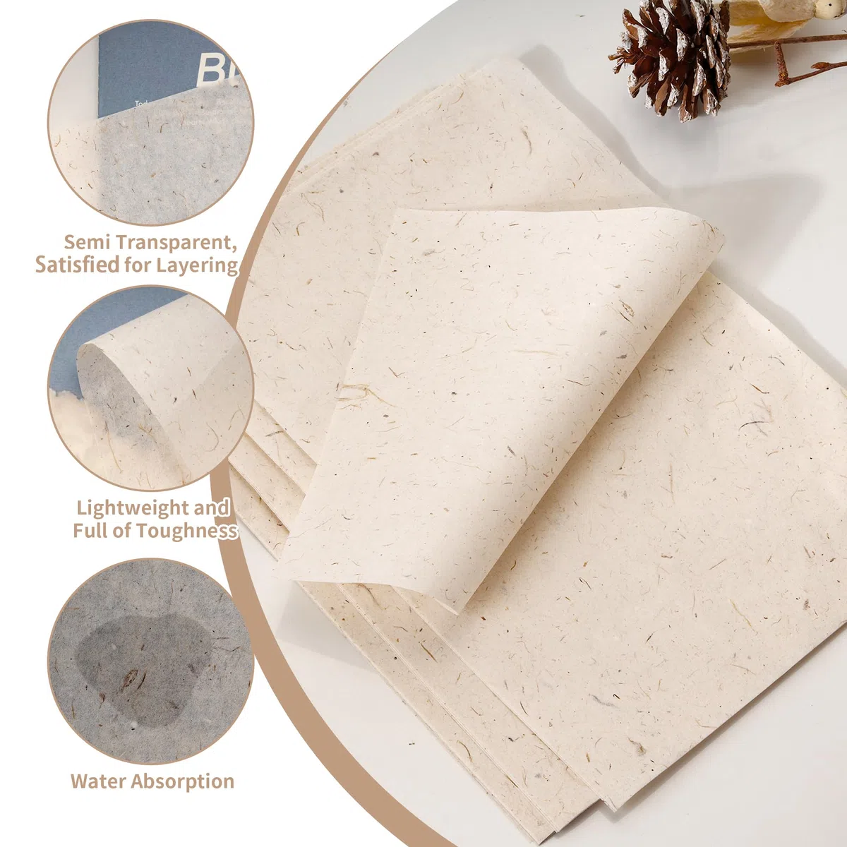 WeeGoo 120 hojas de papel de morera natural de 19 x 29 cm, papel de arroz de fibra de hojas visibles, papel de decoupage hecho a mano para escribir, manualidades, fabricación de tarjetas