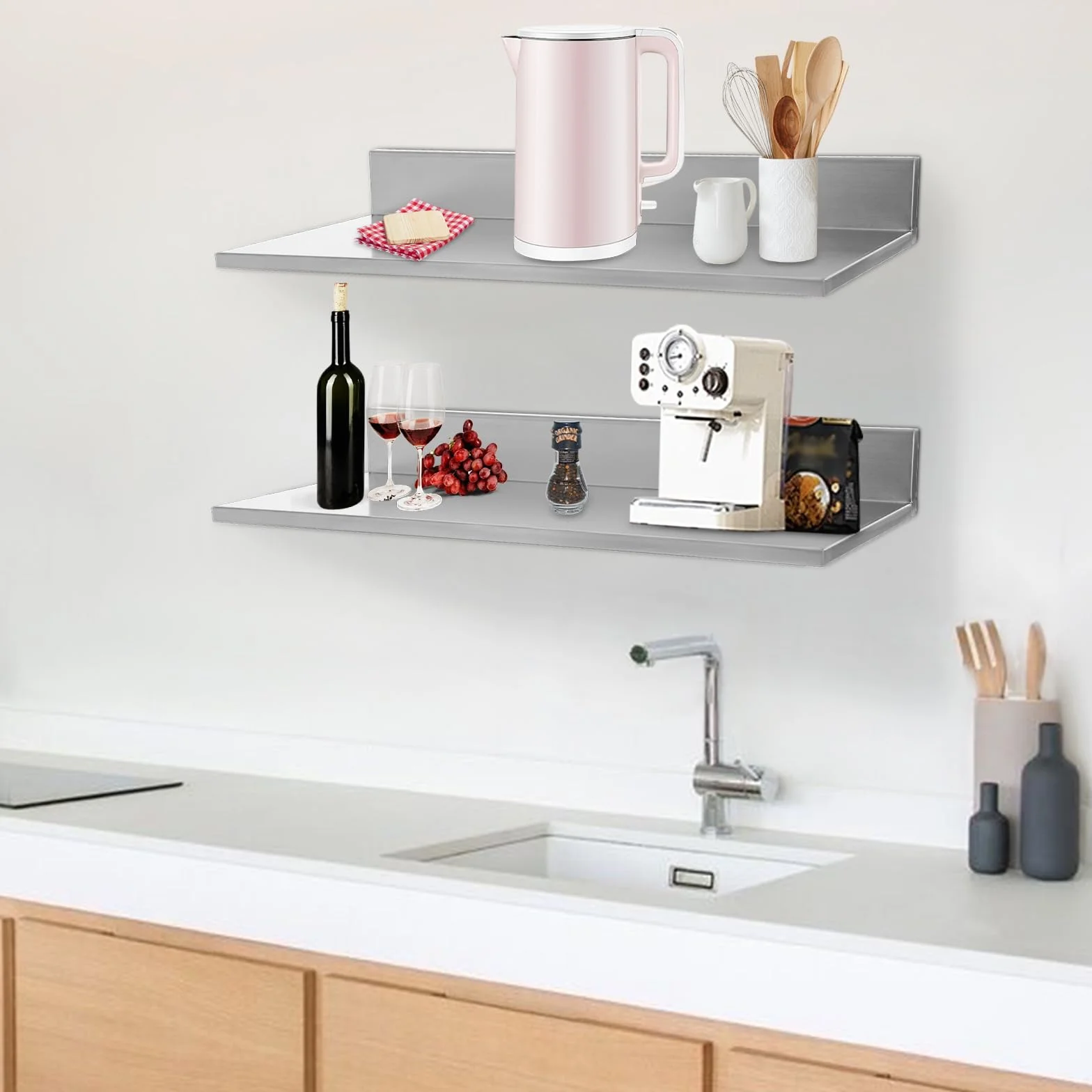 Estantería para especias de pared de acero inoxidable, juego de 2 unidades, estante para especias colgante, 18 kg, estante de cocina para especias, soporte para utensilios de cocina, montaje en