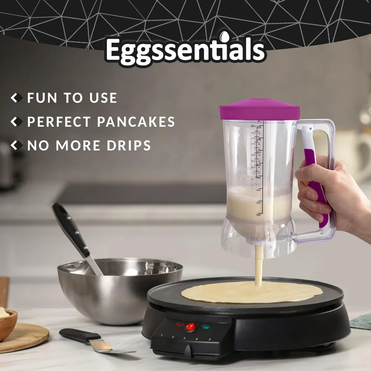 Eggssentials Dispensador de masa sin desorden, mango apretable, cupcakes, gofres y más. Botella dispensadora de panqueques duradera y fácil de verter para hornear suavemente