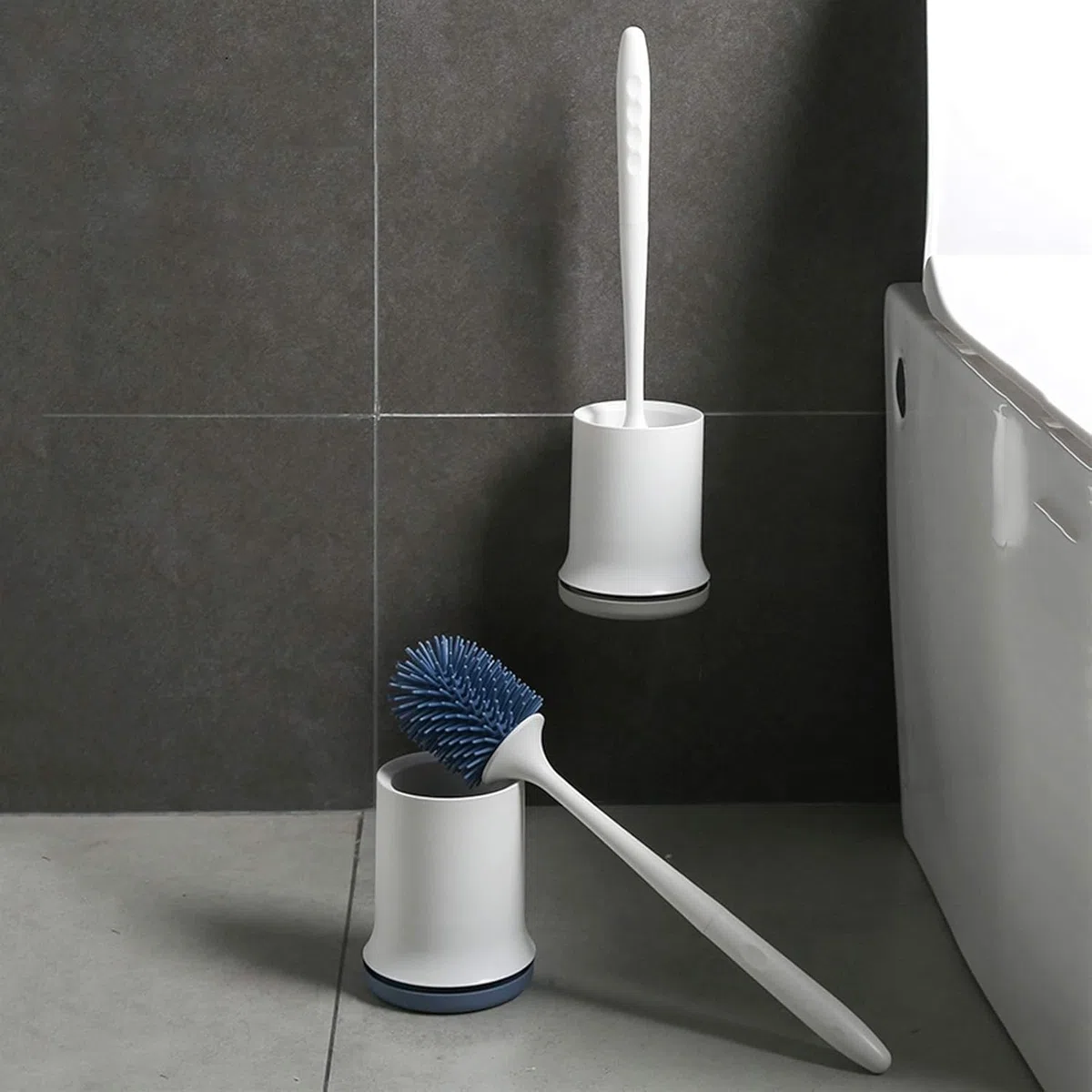 Escobillas de baño, Se puede montar en la pared o el suelo. Cabezal de cepillo suave mango largo. Juego inodoro for baño limpieza integral(Blue)