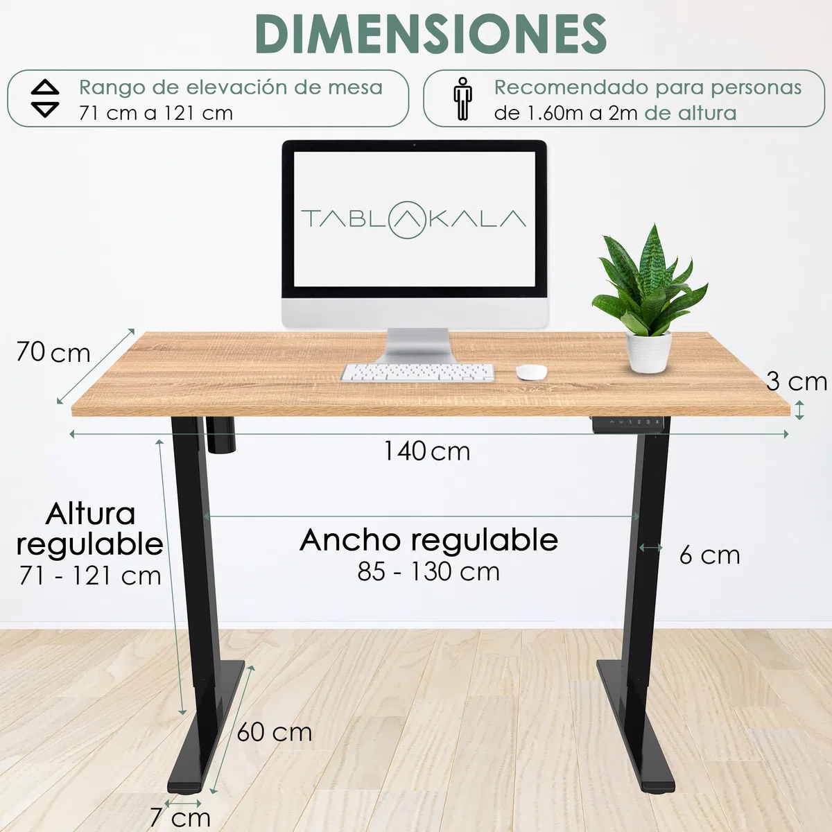 Escritorio Elevable Eléctrico | Tablero 140x70 cm Roble | Patas Negras | Ajustable en Altura 71-121 cm | Standing Desk Ergonómico, Mesa Elevable