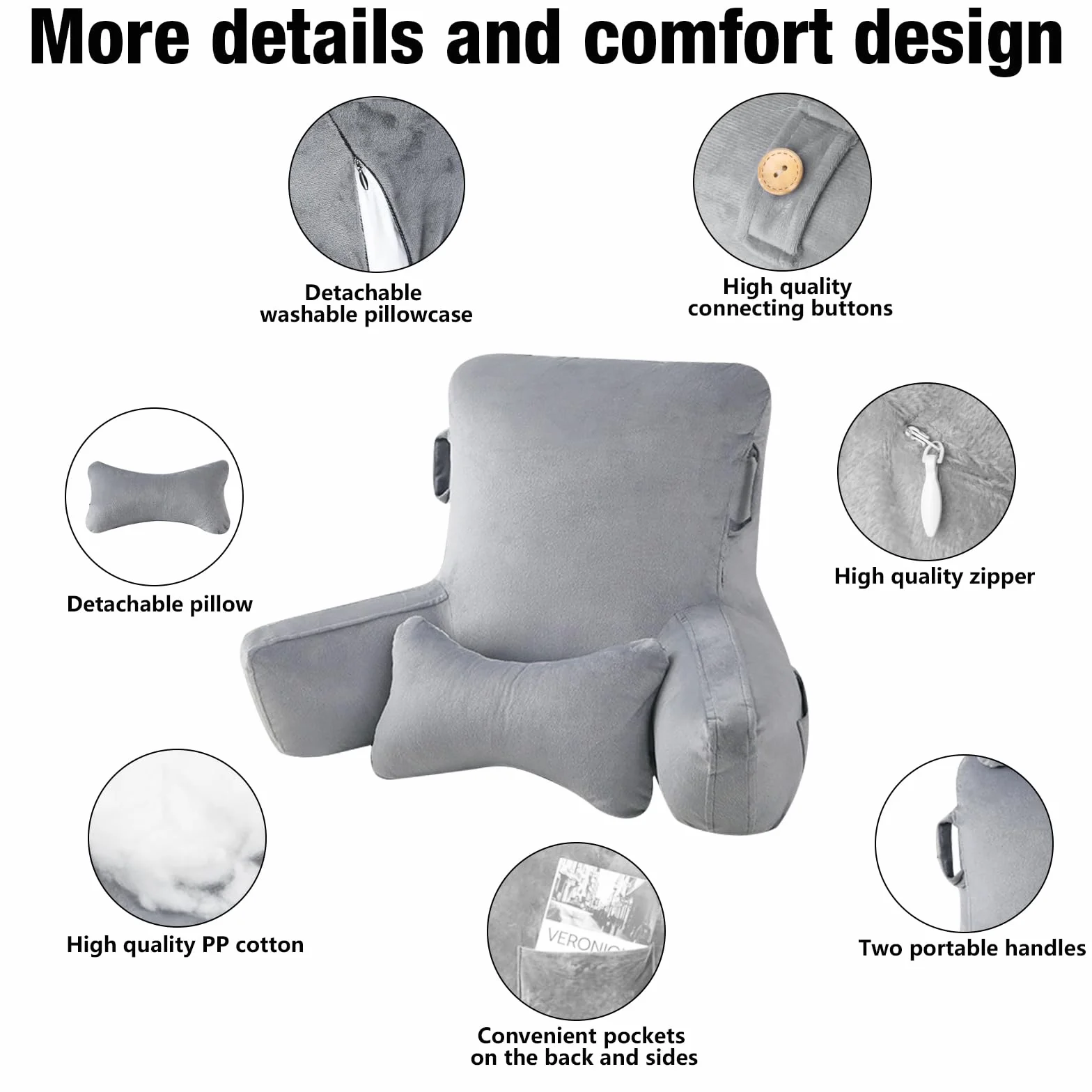 Suewidfay Almohada Lectura Cama, 90x80cm Grande Cojín Lectura con Respaldo Apoyo Lumbar y Cuello Desmontable y Brazos, Cojin Respaldo para Trabajar, Leer o Jugar en la Cama Sofá Suelo