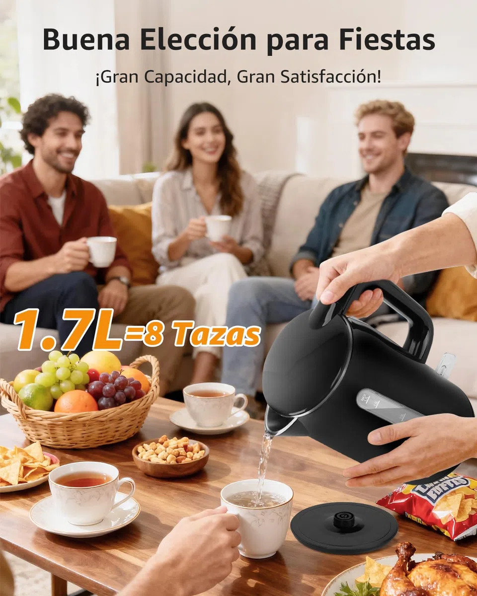 Aigostar Hervidor Agua Electrico de Acero Inox Negro 1,7 Litros - Hervido Rápido Electric Kettle 2200W, Doble Aislamiento, Ventana Visible, Sin Plástico en el Interior, Libre de BPA, Apagado Auto