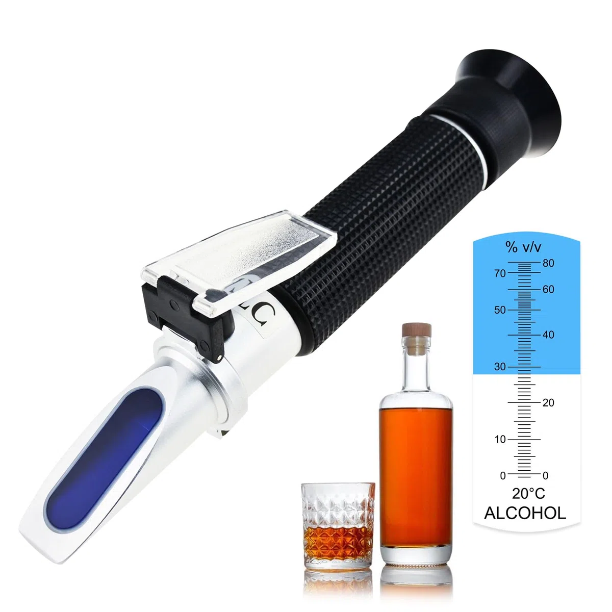 Refractómetro Alcohol - 0-80% Volumen, ATC para Destilados - Portátil con Luz LED y Pipetas - Medición Precisa del Alcohol.