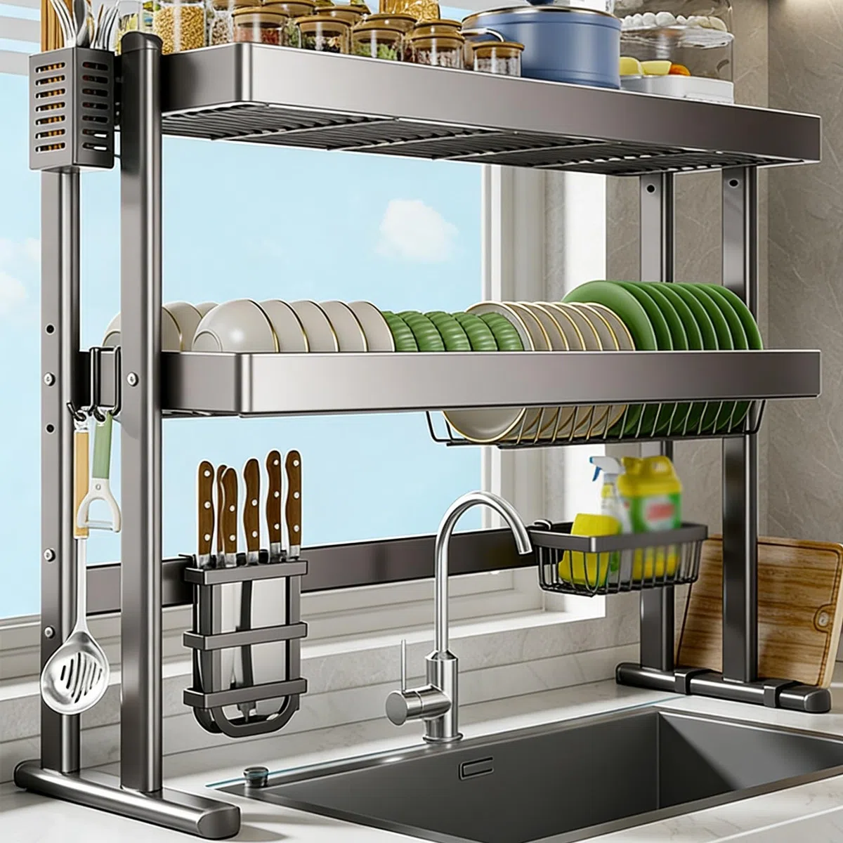 Escurridor de platos de cocina de 75 cm que ahorra espacio, altura ajustable, grande para platos, vasos, cuencos, cubiertos, escurridor compacto para encimera
