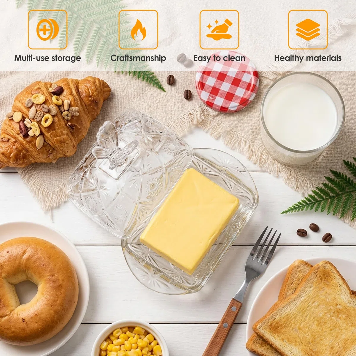 Buachois Mantequillera, Tarro de Mantequilla de Vidrio, Juego de Plato Transparente con Tapa y Cuchillo Acero Inoxidable Patrón de Mariposa de Mantequilla Multifuncional Plato Queso Pastel y Fruta