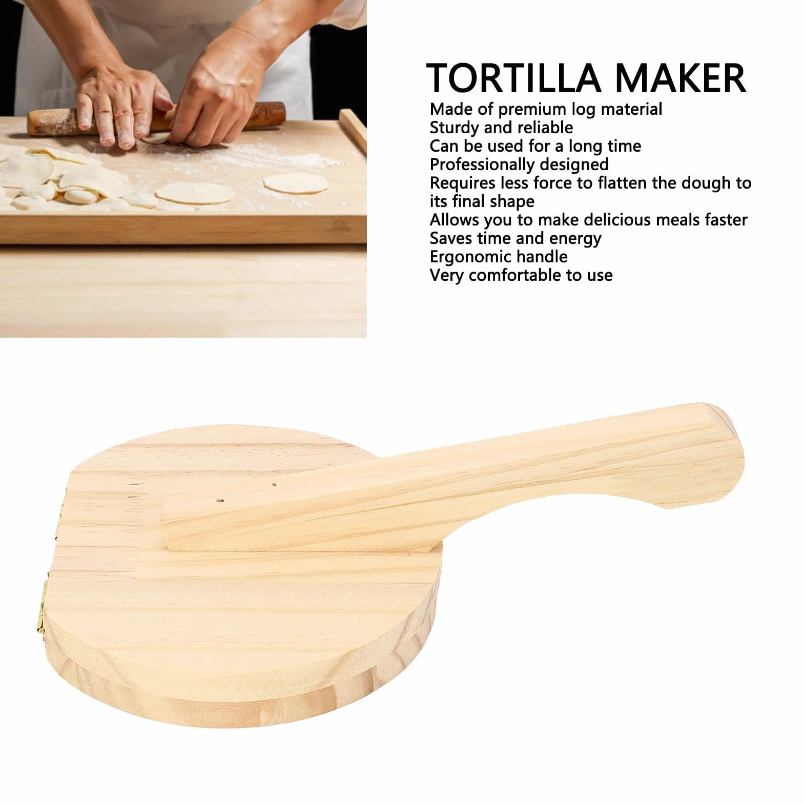 Prensadora de Tortilla de Madera Prensa de Tortilla, Mango Ergonómico, Pressor de Tortilla Manual para Tortilla de Harina Pizza Roti (L)