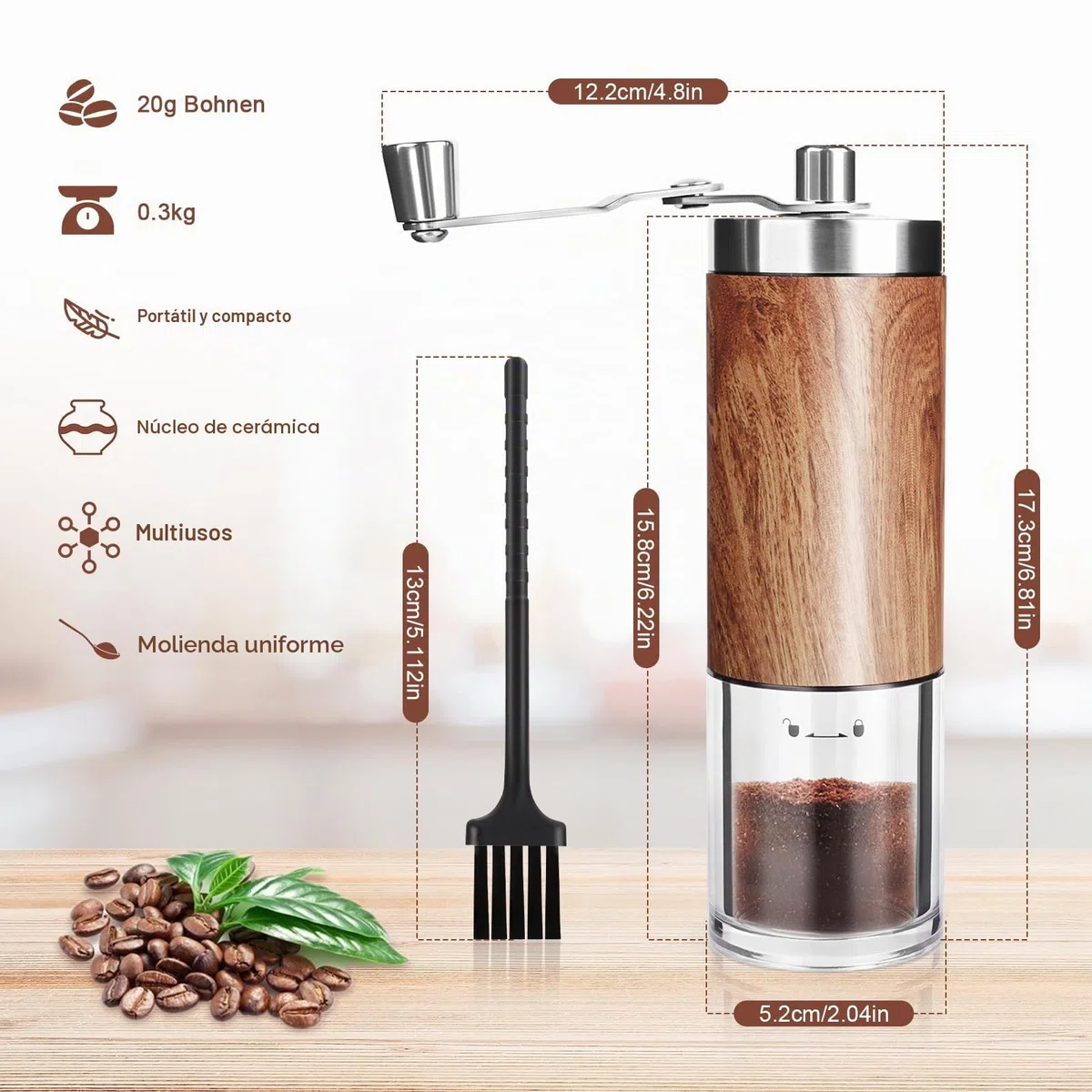 MXTIMWAN Molinillo Cafe Manual,Coffee Grinder,Molinillo de Café Portátil,Grado de Afilado Ajustable,Moledor de Cafe,Manual Molinillo de Café Con Cepillo de Limpieza,Molinillo para Casa y Exteriores