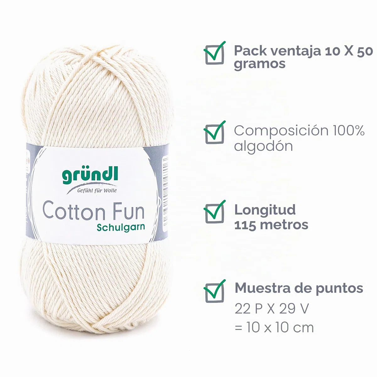 Gründl Cotton Fun (algodón para ganchillo, juego de ganchillo, hilo suave de algodón 100%, certificado OEKO-TEX, 50 g/115 m, tamaño de aguja: 3-4, 10 ovillos de 50 g), Crema