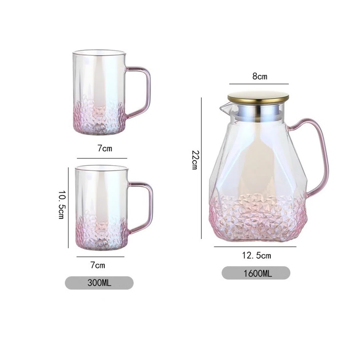 Jarra Juego de tazas agua con tetera vidrio colores degradados 1,6 l
