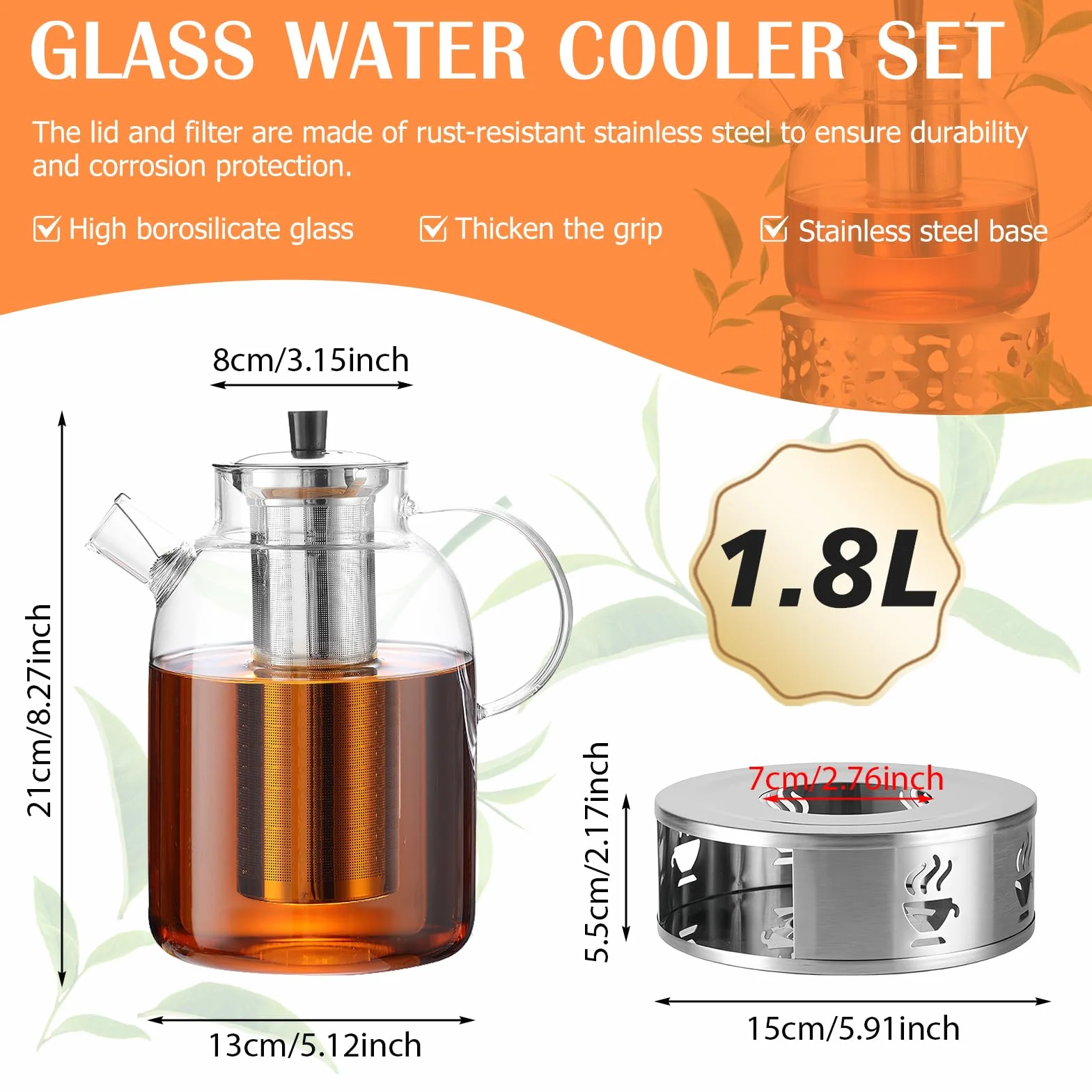 Tetera de vidrio con calentador, 1,8 L, tetera de vidrio con colador, infusor de té con colador y calentador, mantiene el calor durante mucho tiempo, acero inoxidable, para
