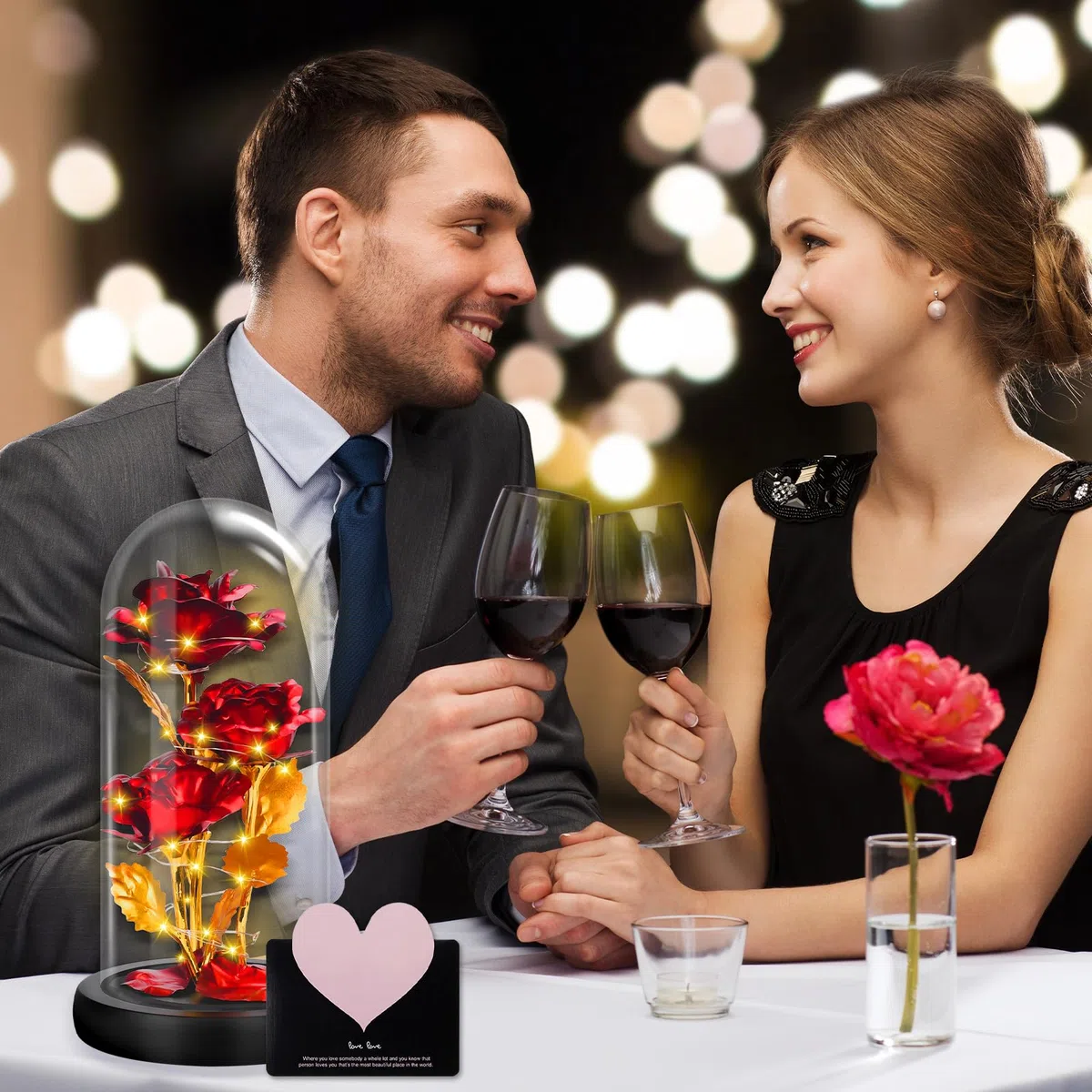 UCAMP Rosa Eterna,La Bella y la Bestia Rosa Eterna,Elegante Cúpula de Cristal con Base Pino Luces LED,Base de Madera,1 Tarjeta de Amor,para Mamá,Damas,Navidad,Boda,Aniversario,Día de la Madre