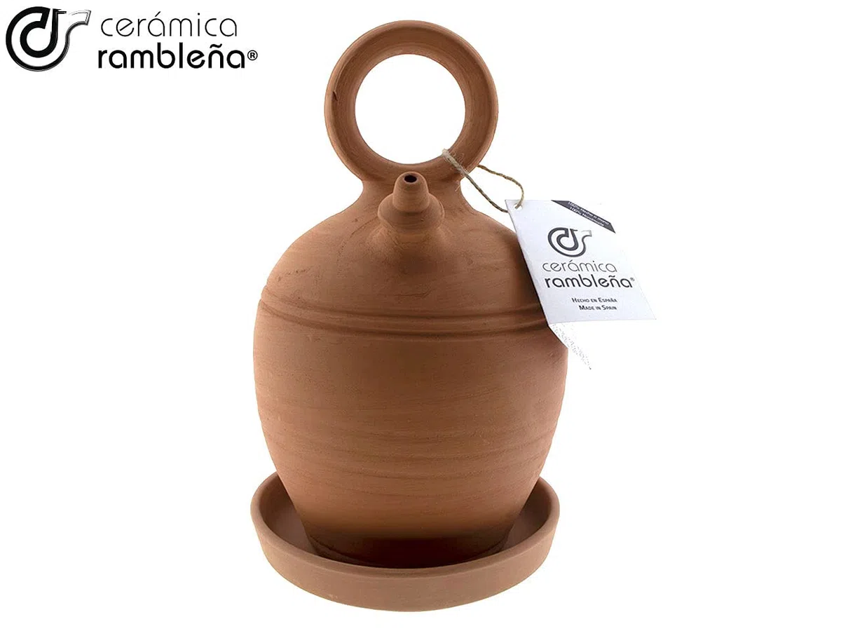 CERÁMICA RAMBLEÑA | Botijo de Barro Rojo Tradicional asa Redonda Base Ancha de La Rambla (Córdoba) | 100% Hecho a Mano | 3 litros | Eco | Plato Incluido